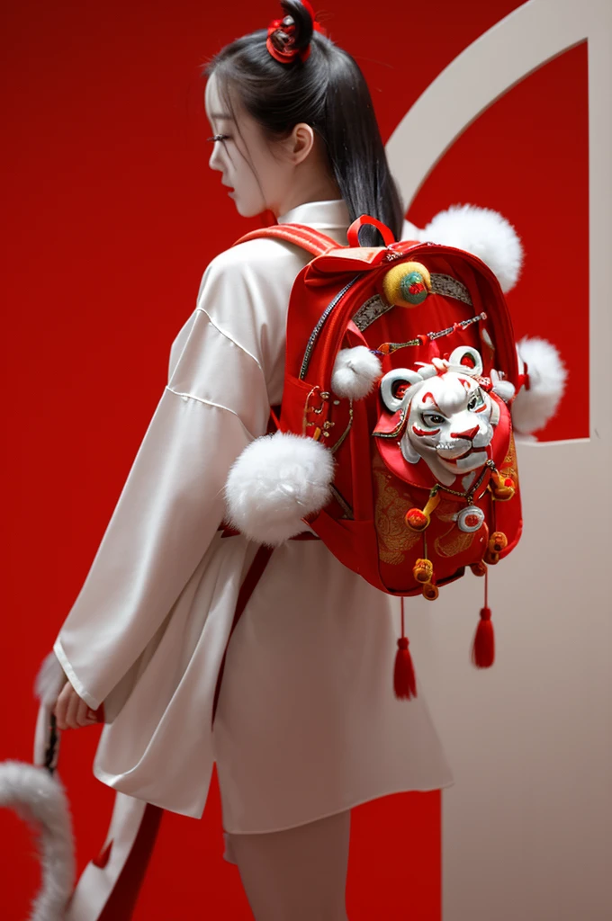 A backpack pendant,The pendant is in the shape of a Chinese lion dance,The overall color is red,background color is white