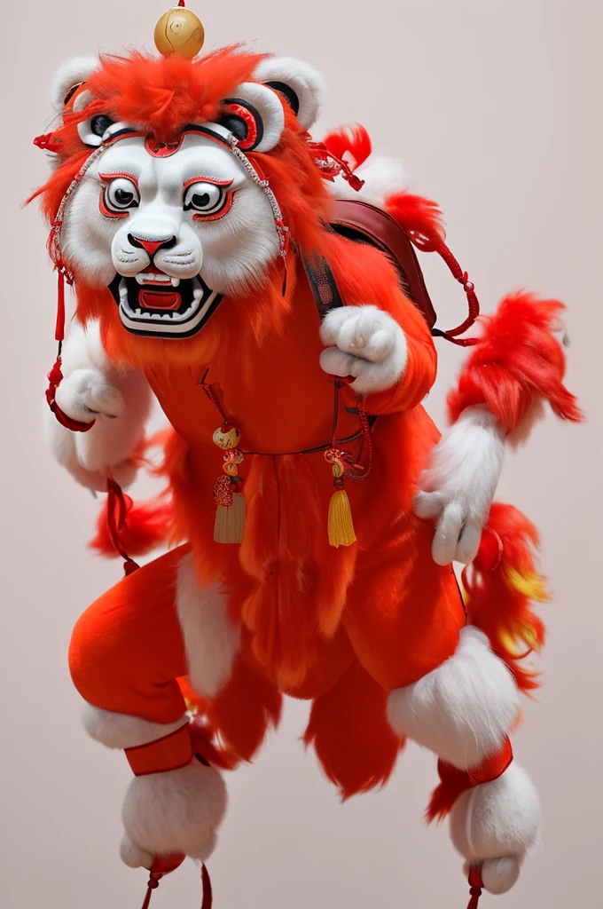 A backpack pendant,The pendant is in the shape of a Chinese lion dance,The overall color is red,background color is white