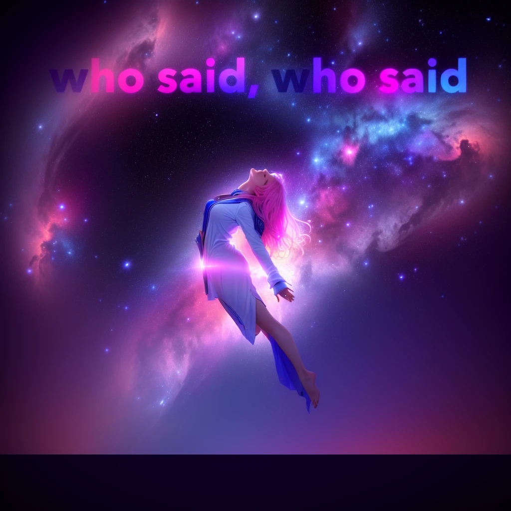 a picture taken from a video of a person flying through the sky, who, i said, on a galaxy looking background, wow, word, 🚀🌈🤩, 😭🤮 💔, floatiung in front of a nebula, woman, by Anne Said, 🤬 🤮 💕 🎀, female ascending into the sky, photograph taken in 2 0 2 0