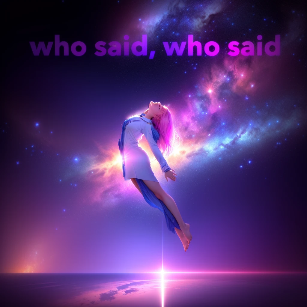 a picture taken from a video of a person flying through the sky, who, i said, on a galaxy looking background, wow, word, 🚀🌈🤩, 😭🤮 💔, floatiung in front of a nebula, woman, by Anne Said, 🤬 🤮 💕 🎀, female ascending into the sky, photograph taken in 2 0 2 0