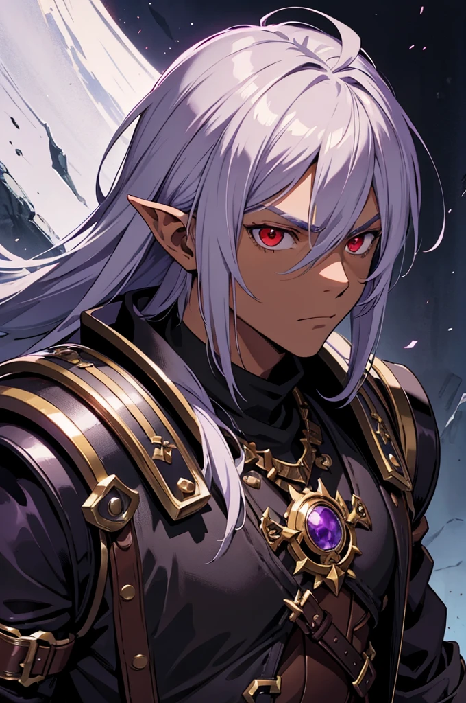 masterpiece, best quality, ultra high res, 1boy, (mix between dungeonpunk and steampunk armor), (wearing armor)fantasy illustration, dark skinned, human, upper body, portrait, red eyes, long white hair, Xemnas from Kingdom Hearts, half-drow, pointy ears, serious face, young man, dramatic lighting, purple hue, art by Kinema Citrus and Tetsuya Nomura