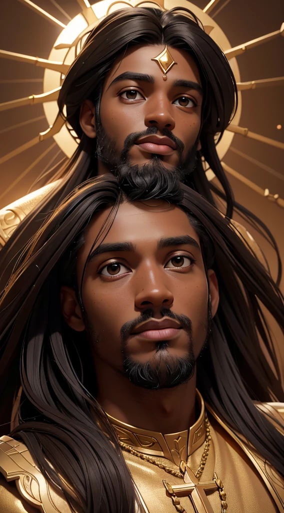 A black man as Jesus, (best quality, 4k, highres, masterpiece:1.2), ultra-detailed, (realistic, photo-realistic:1.37), vibrant colors, dramatic lighting, heavenly aura, spiritual essence, flowing robes, serene expression, majestic presence, divine radiance, sacred atmosphere, disciples in awe, halo, crown of thorns, sorrowful eyes, compassionate smile, outstretched arms, golden backdrop, heavenly light, ethereal glow, divine beauty, uplifting inspiration, iconic portrait, religious symbolism, profound spirituality, biblical imagery.