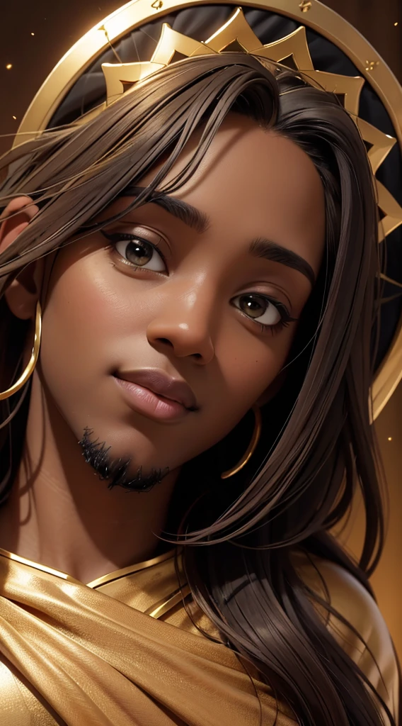 A black man as Jesus, (best quality, 4k, highres, masterpiece:1.2), ultra-detailed, (realistic, photo-realistic:1.37), vibrant colors, dramatic lighting, heavenly aura, spiritual essence, flowing robes, serene expression, majestic presence, divine radiance, sacred atmosphere, disciples in awe, halo, crown of thorns, sorrowful eyes, compassionate smile, outstretched arms, golden backdrop, heavenly light, ethereal glow, divine beauty, uplifting inspiration, iconic portrait, religious symbolism, profound spirituality, biblical imagery.