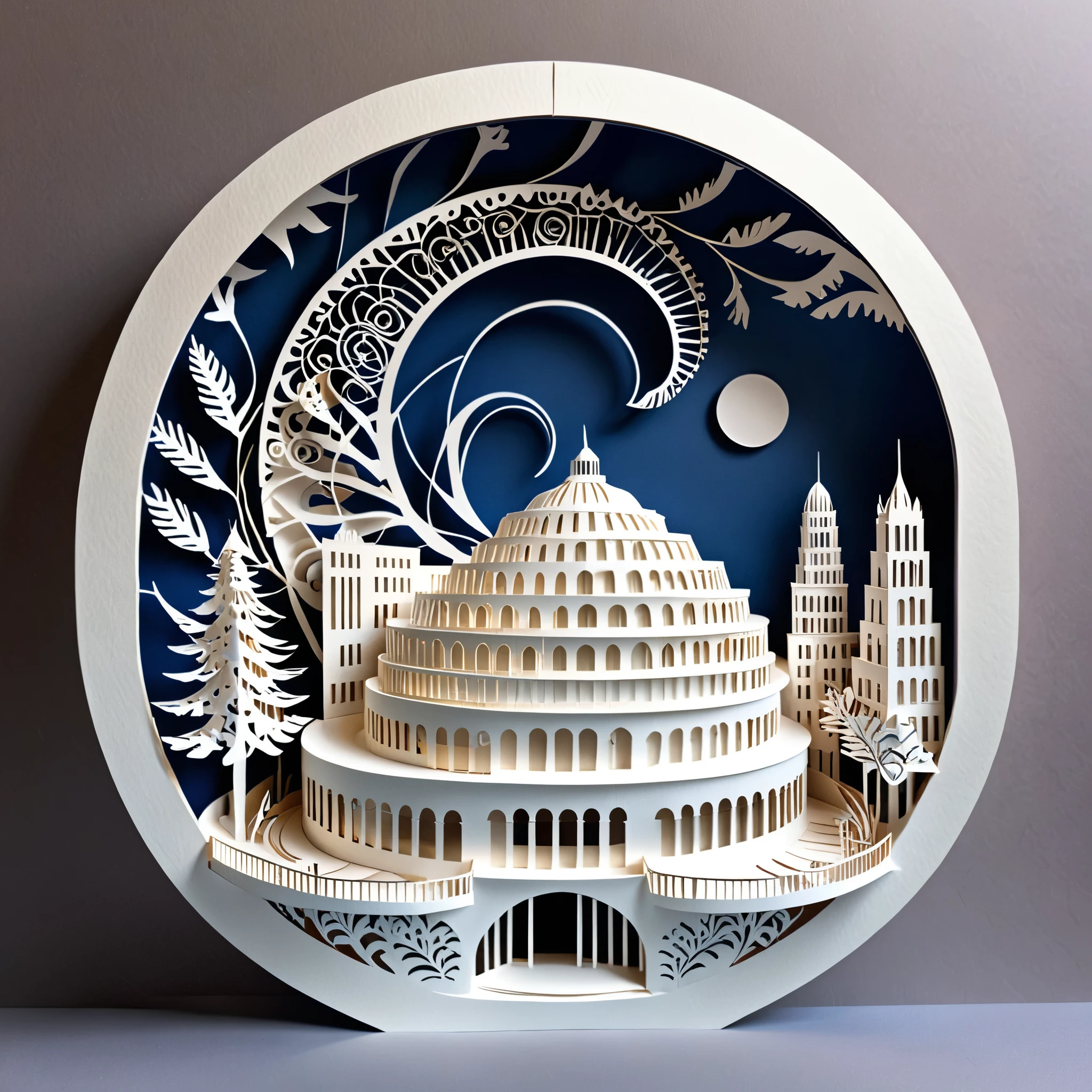 Create a detailed illustration of the Guggenheim Museum crafted from paper cutting. The museum should be intricately designed with fine, precise cuts to showcase its unique, spiral architecture. The paper should have a crisp, clean look with sharp edges and detailed patterns to highlight the building's distinctive features. Use soft, natural lighting to enhance the textures and shadows created by the paper cuts. The background can be simple, with a subtle gradient or plain color, to keep the focus on the paper-cut Guggenheim Museum. The overall atmosphere should be delicate and artistic, capturing the craftsmanship and beauty of paper art.