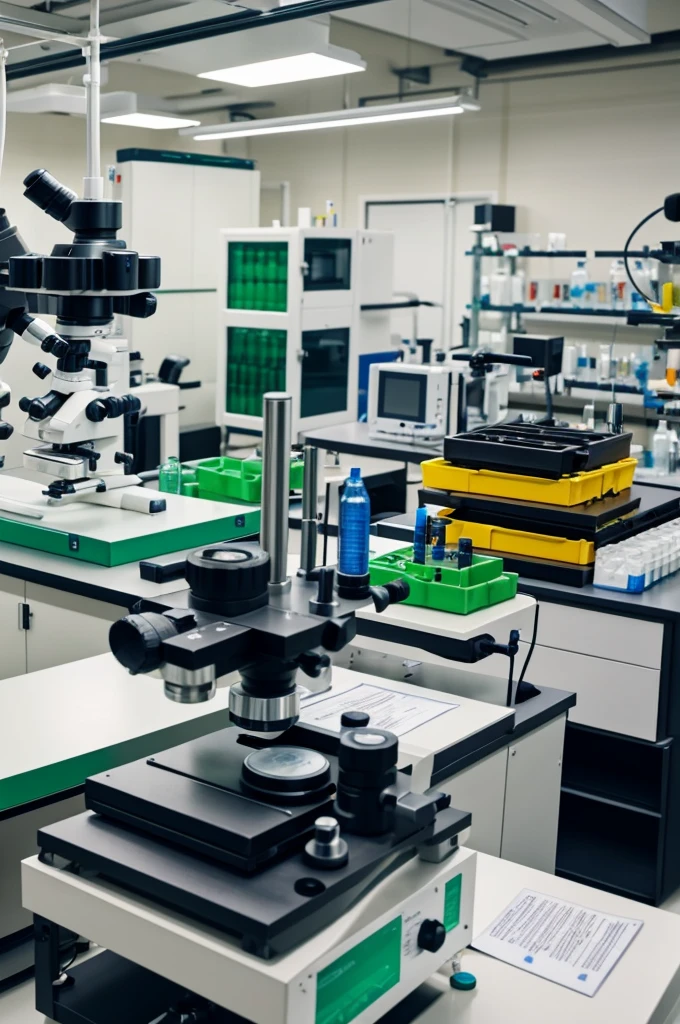 A microscope with a team of chemists in a laboratory and a sign for biological hazardous waste