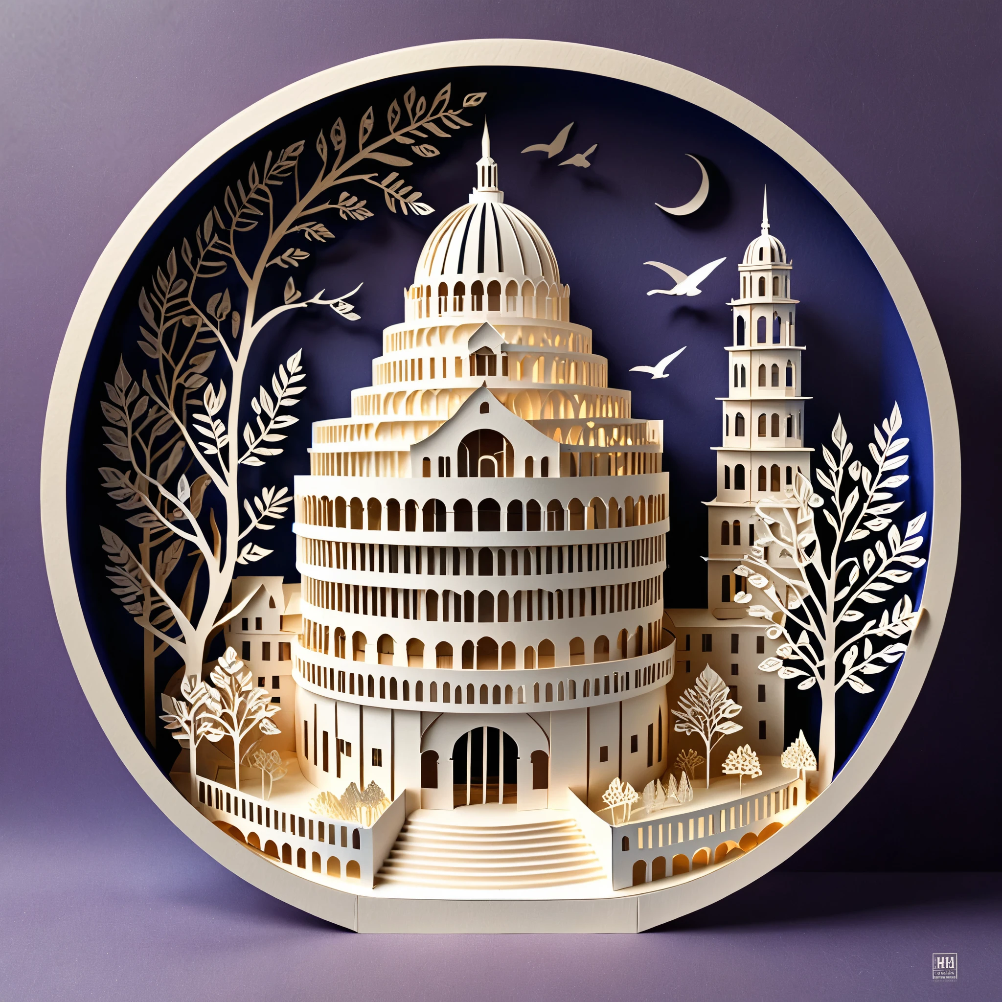 Create a detailed illustration of the Guggenheim Museum crafted from paper cutting. The museum should be intricately designed with fine, precise cuts to showcase its unique, spiral architecture. The paper should have a crisp, clean look with sharp edges and detailed patterns to highlight the building's distinctive features. Use soft, natural lighting to enhance the textures and shadows created by the paper cuts. The background can be simple, with a subtle gradient or plain color, to keep the focus on the paper-cut Guggenheim Museum. The overall atmosphere should be delicate and artistic, capturing the craftsmanship and beauty of paper art.