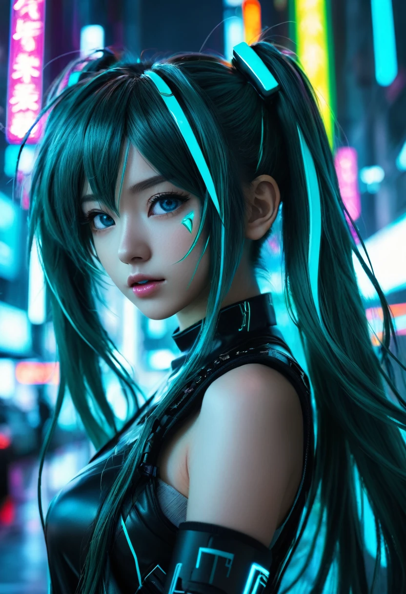 1girl, hatsune miku, black tape project, dutch angle, detailed hair, detailed facial features, detailed eyes, detailed lips, intricate hairstyle, long flowing hair, cyberpunk, neon lights, glowing neon, dark futuristic city, moody lighting, cinematic composition, dynamic camera angle, high contrast, vivid colors, (best quality,4k,8k,highres,masterpiece:1.2),ultra-detailed,(realistic,photorealistic,photo-realistic:1.37) , NSFW.