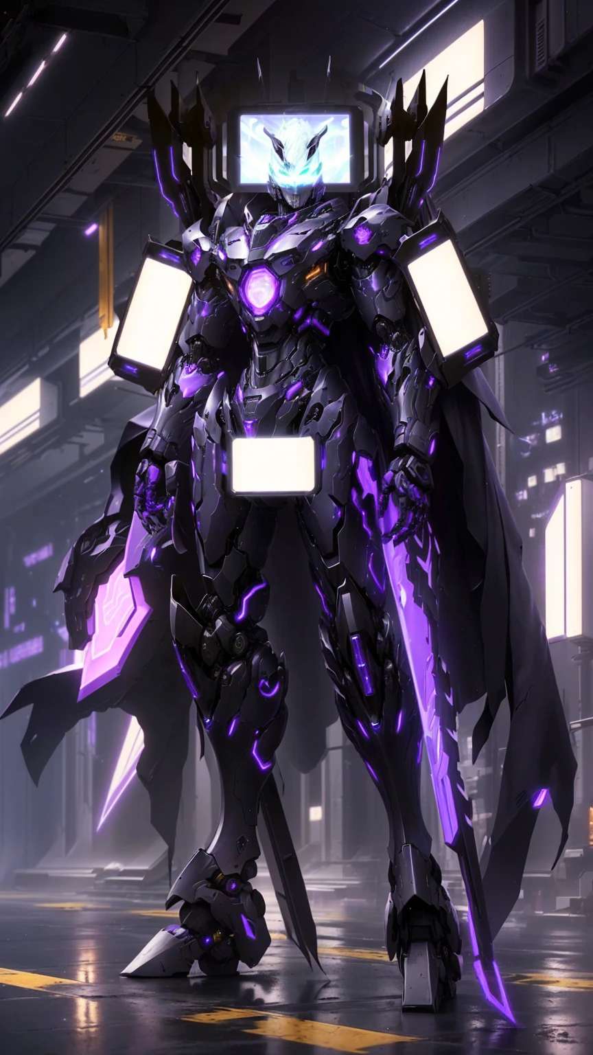 arafed robot with a purple light in a dark room, full portrait of electromancer, clothed in cyber armour, cyber suit, anime mecha aesthetic, cyber noir, ethereal and mecha theme, cyber fight armor, cyber armor, cyber armour, purple glowing core in armor, intricate glowing mecha armor, cyber japan style armor