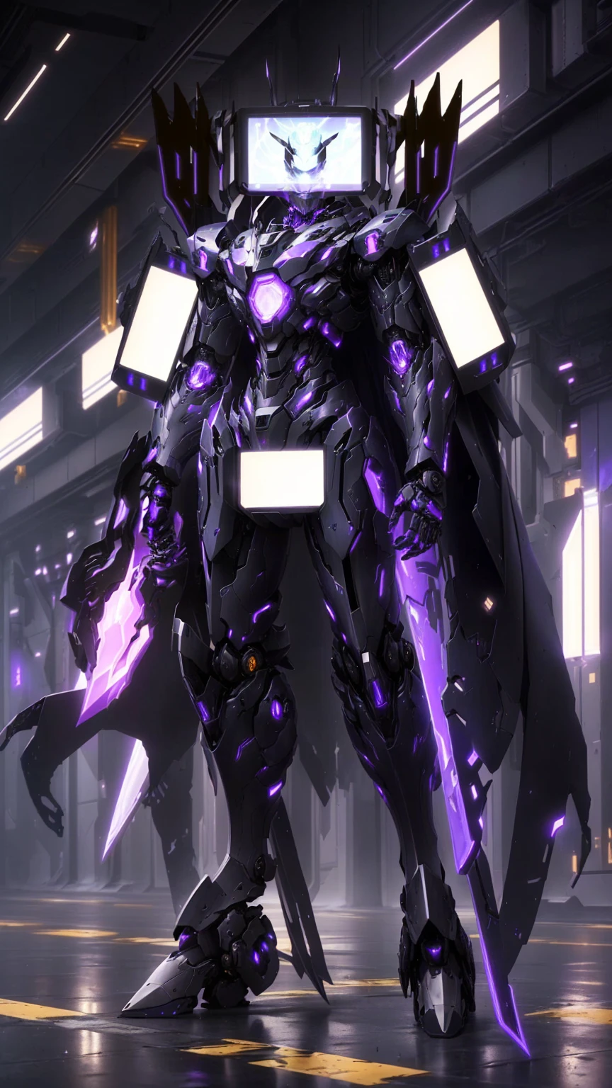 arafed robot with a purple light in a dark room, full portrait of electromancer, clothed in cyber armour, cyber suit, anime mecha aesthetic, cyber noir, ethereal and mecha theme, cyber fight armor, cyber armor, cyber armour, purple glowing core in armor, intricate glowing mecha armor, cyber japan style armor