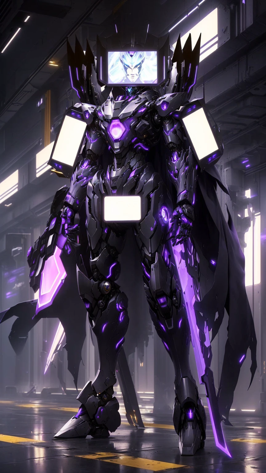 arafed robot with a purple light in a dark room, full portrait of electromancer, clothed in cyber armour, cyber suit, anime mecha aesthetic, cyber noir, ethereal and mecha theme, cyber fight armor, cyber armor, cyber armour, purple glowing core in armor, intricate glowing mecha armor, cyber japan style armor