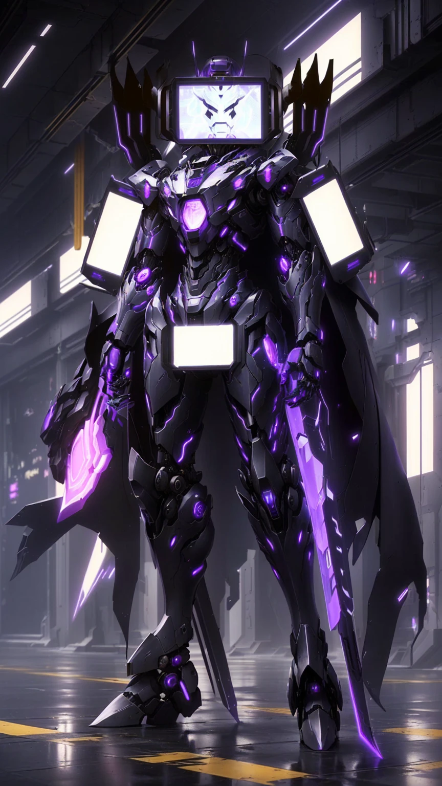 arafed robot with a purple light in a dark room, full portrait of electromancer, clothed in cyber armour, cyber suit, anime mecha aesthetic, cyber noir, ethereal and mecha theme, cyber fight armor, cyber armor, cyber armour, purple glowing core in armor, intricate glowing mecha armor, cyber japan style armor
