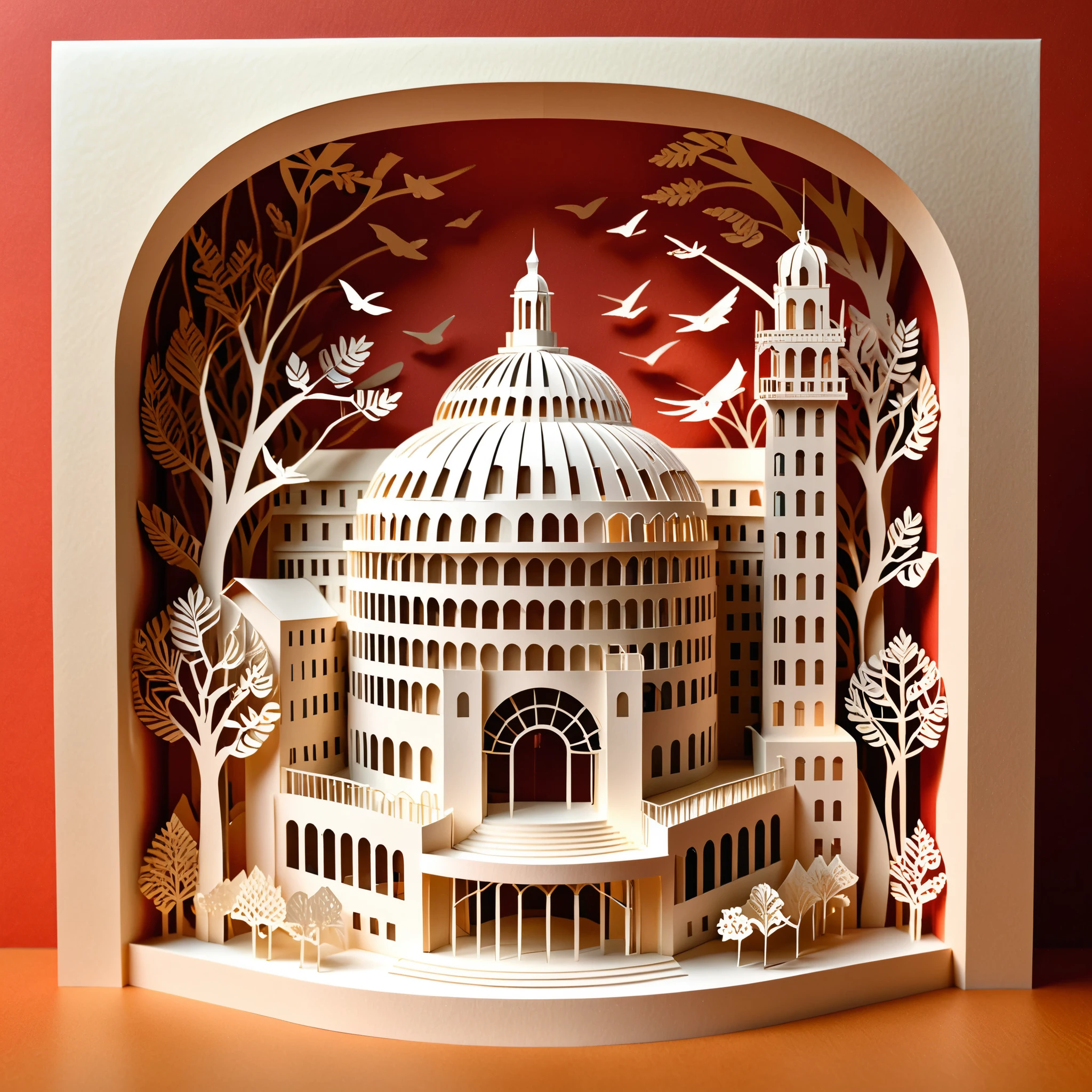 Create a detailed illustration of the Guggenheim Museum crafted from paper cutting. The museum should be intricately designed with fine, precise cuts to showcase its unique, spiral architecture. The paper should have a crisp, clean look with sharp edges and detailed patterns to highlight the building's distinctive features. Use soft, natural lighting to enhance the textures and shadows created by the paper cuts. The background can be simple, with a subtle gradient or plain color, to keep the focus on the paper-cut Guggenheim Museum. The overall atmosphere should be delicate and artistic, capturing the craftsmanship and beauty of paper art.