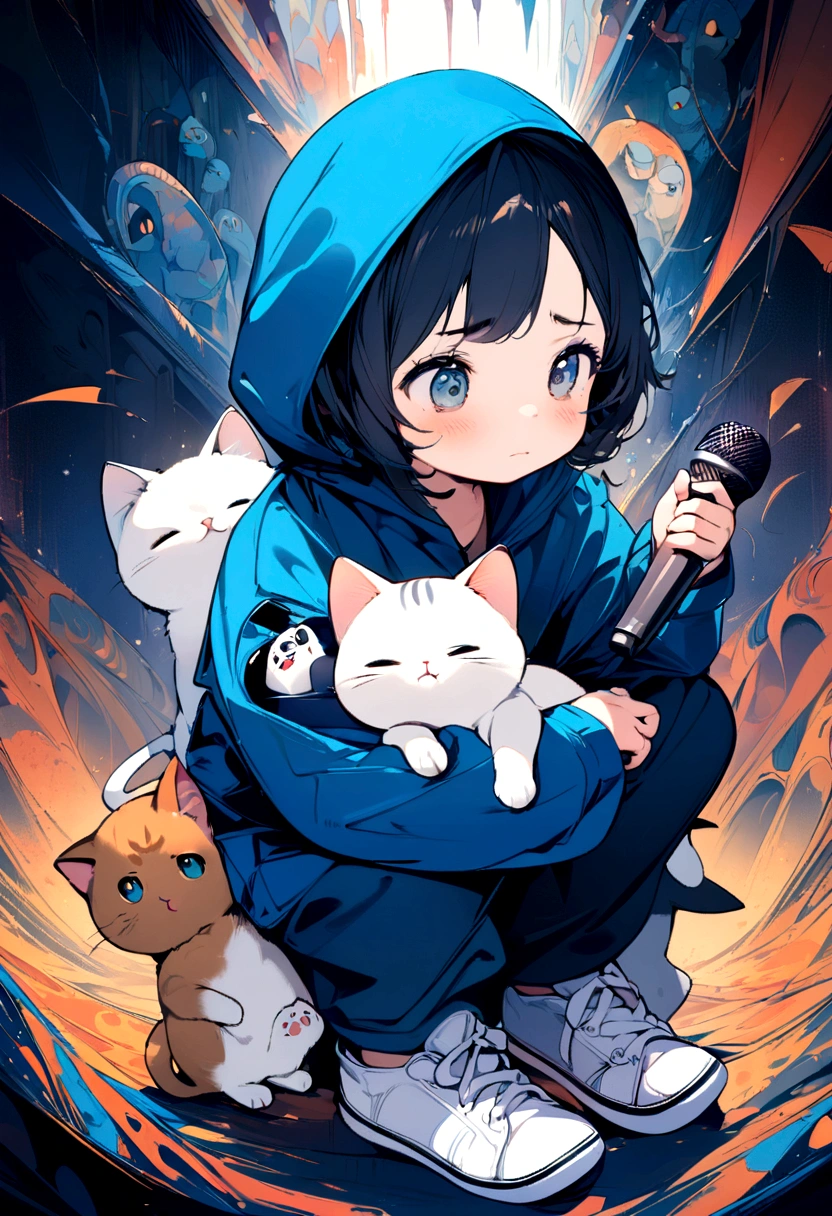 A cute kitten, Wearing a casual suit,Wears a blue hood, White sneakers, Sad expression, Cute digital illustration art, masterpiece, best quality, Sad cat, Holding a national flag, There is a microphone next to him., Abstract Art