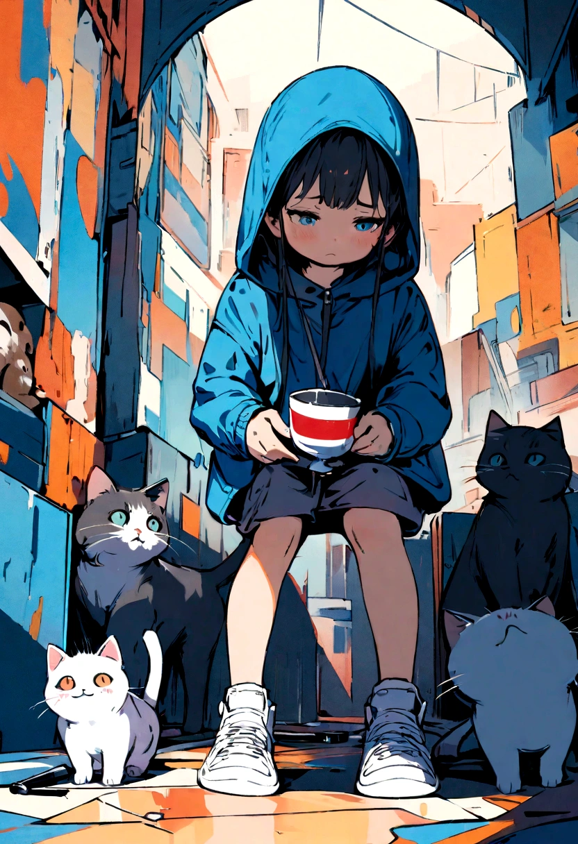 A cute kitten, Wearing a casual suit,Wears a blue hood, White sneakers, Sad expression, Cute digital illustration art, masterpiece, best quality, Sad cat, Holding a national flag, There is a microphone next to him., Abstract Art