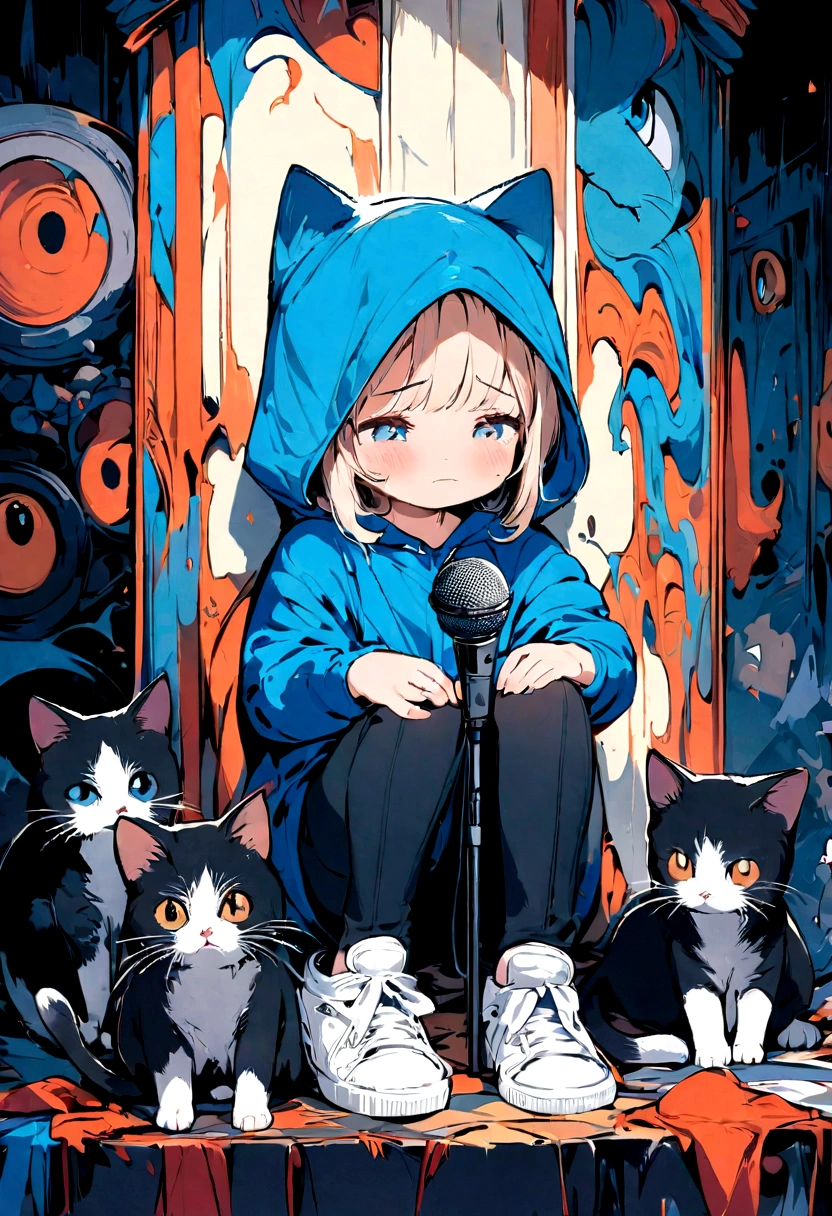 A cute kitten, Wearing a casual suit，Wears a blue hood, White sneakers, Sad expression, Cute digital illustration art, masterpiece, best quality, Sad cat, Holding a national flag, There is a microphone next to him., Abstract Art