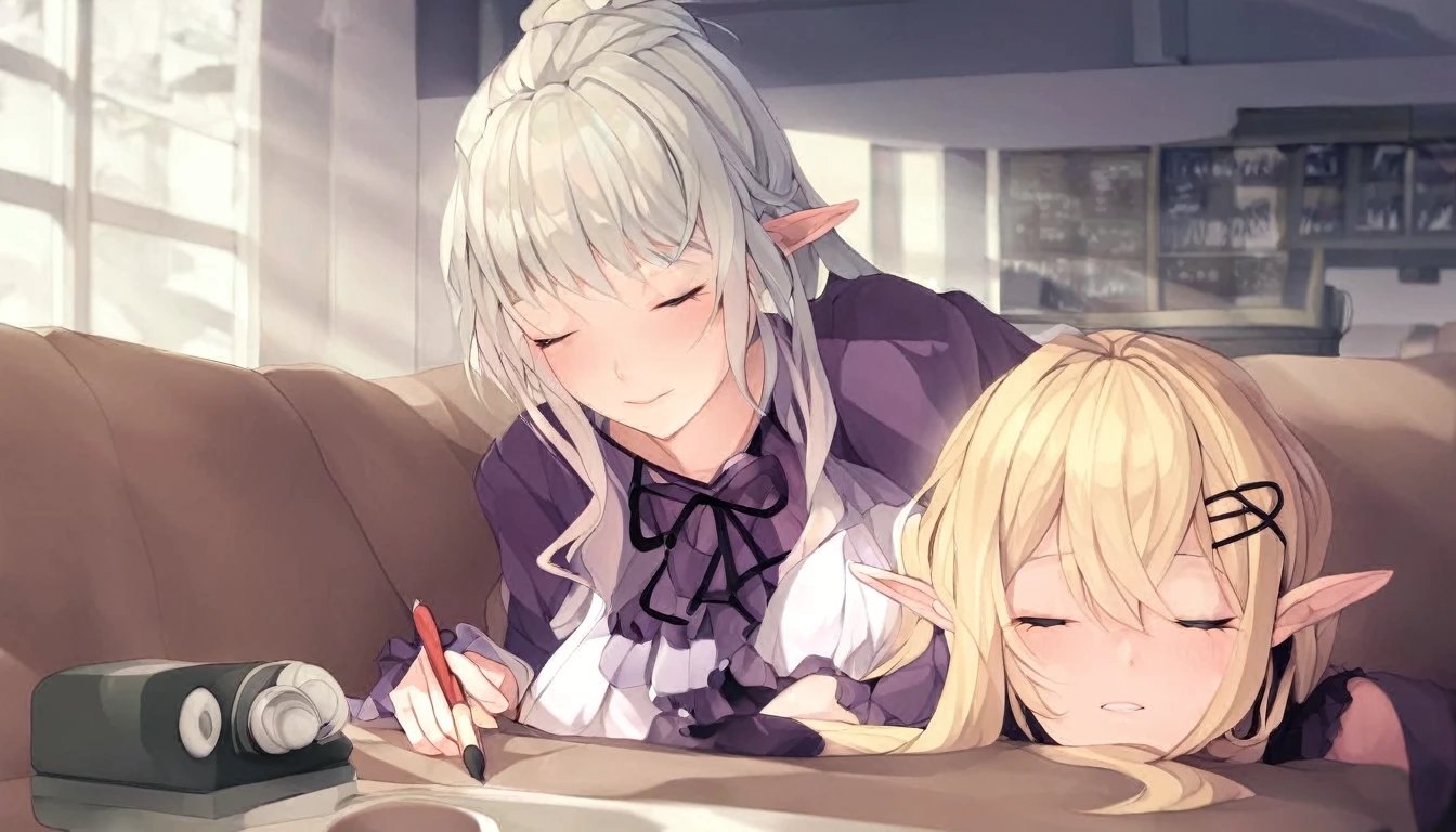 Digitally created illustration of an adult elf woman sleeping with her eyes closed on a sofa in a sunny coffee shop、She is wearing a silk dress with lace and frills、The Shiba Inu needs to sleep curled up next to her.、Relaxed facial expression、Long, loosely wavy blonde hair、Dappled sunlight coming through the window、The soft morning light shines in、Calm atmosphere、Detailed and clear drawing、Warm and gentle colors、Drawing from a top-down perspective、Japanese animation style、