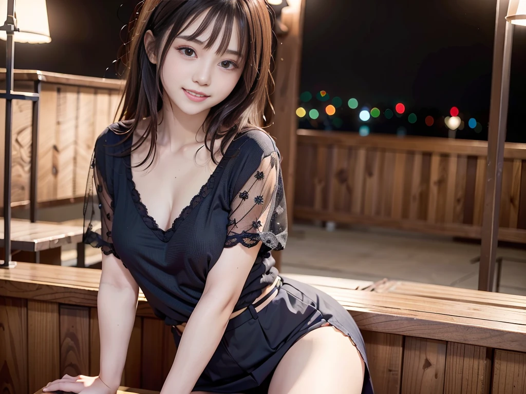 (Highest quality, masterpiece, Ultra-high resolution, 8K, RAW Photos, Realistic, Anatomically correct:1.5), (Stainless steel round bar fence:1.0, Put your elbow on the fence:1.2, 20-year-old、 Embarrassing, avert your eyes, blush:1.0, View Viewer, ((bar)) 、Night view、 Light:1.2, Bokeh, Cinema Lighting:1.0, Depth of written boundary, sharp、 Cute face、Idol、Black short sleeve lace top、Black pleated skirt、Black clothing、”dwarf”、(Floral clothes)、Full Body Shot、Cowboy Shot、(( smile))、(Ultra short hair)、 short hair, (Blunt bangs: 1.2)、(())、(( One Girl))