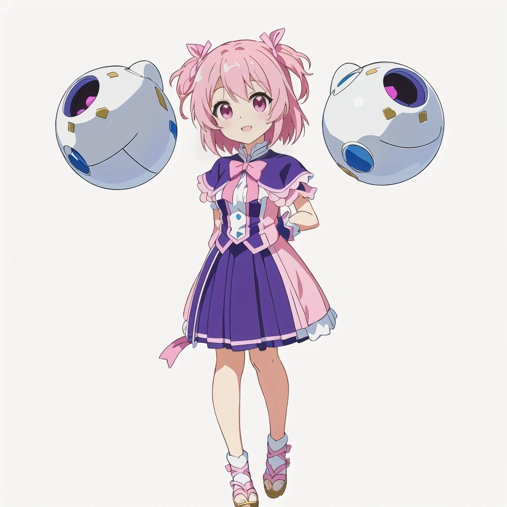 Highest quality, high resolution, High quality anime art style, Official Art, Smooth anime CG art, Stylized anime, Cute 3D anime girl render, Visual Novel Sprites, White background, whole body, Anime-style 3D, Smooth anime CG art, Humanoid Girl, JRPG Characters, Magical Girl Style, Pink Hairと紫色のドレスを着たアニメの女の子, Pink Hair, short hair, Pink ribbon, Float inside2Spheres, Magic Flute ,Small Bust, Small breasts, 13 years old