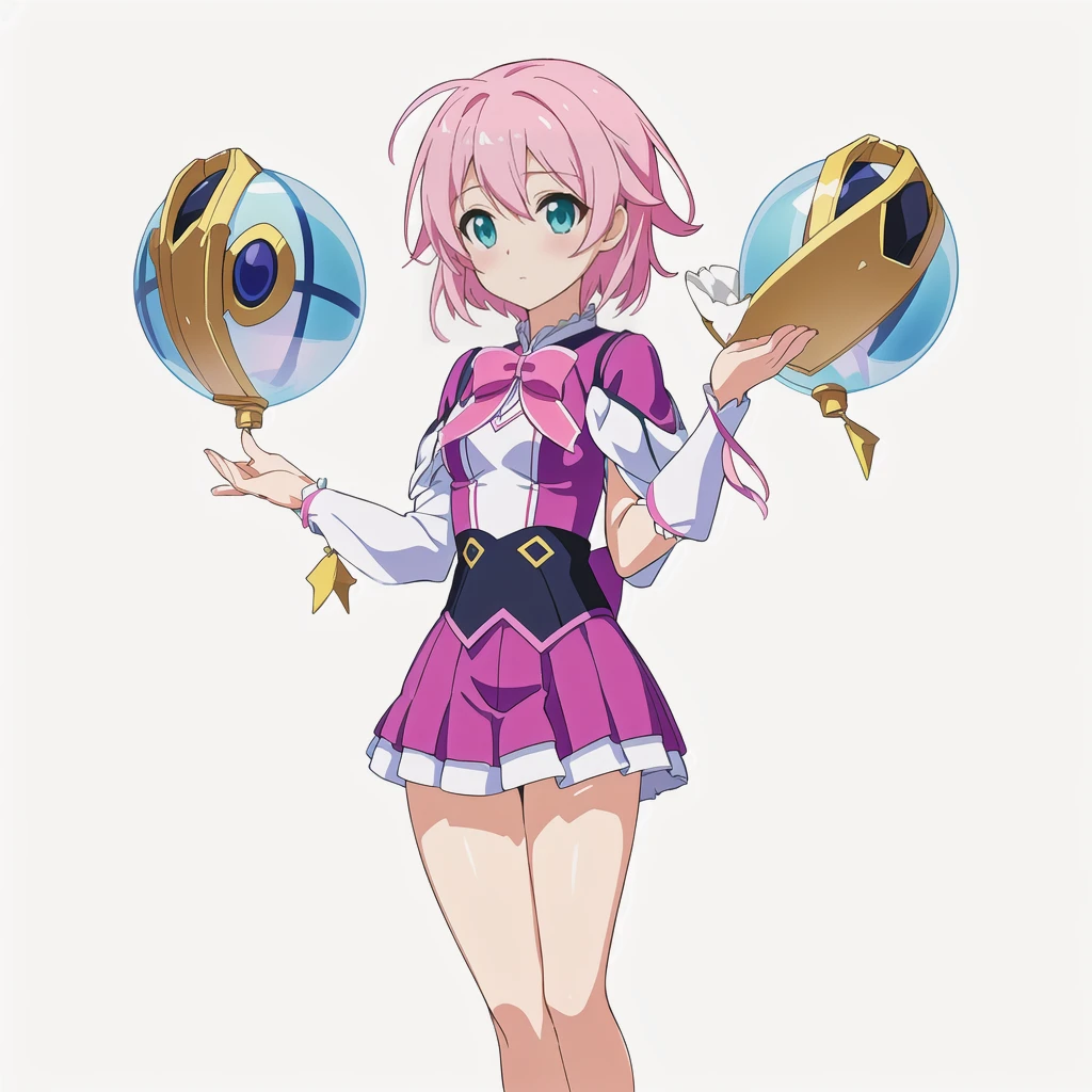 Highest quality, high resolution, High quality anime art style, Official Art, Smooth anime CG art, Stylized anime, Cute 3D anime girl render, Visual Novel Sprites, White background, whole body, Anime-style 3D, Smooth anime CG art, Humanoid Girl, JRPG Characters, Magical Girl Style, Pink Hairと紫色のドレスを着たアニメの女の子, Pink Hair, short hair, Pink ribbon, Float inside2Spheres, Magic Flute ,Small Bust, Small breasts, 13 years old
