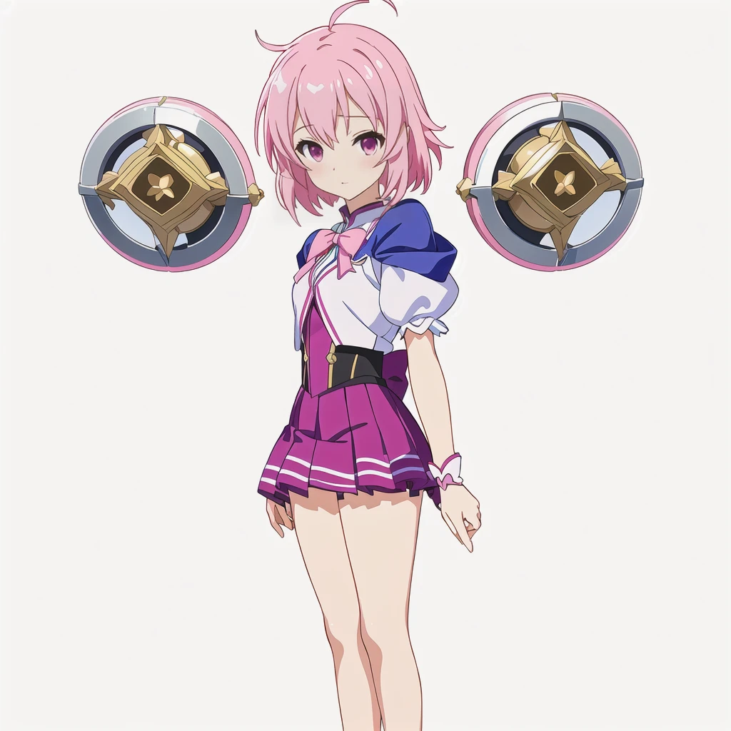 Highest quality, high resolution, High quality anime art style, Official Art, Smooth anime CG art, Stylized anime, Cute 3D anime girl render, Visual Novel Sprites, White background, whole body, Anime-style 3D, Smooth anime CG art, Humanoid Girl, JRPG Characters, Magical Girl Style, Pink Hairと紫色のドレスを着たアニメの女の子, Pink Hair, short hair, Pink ribbon, Float inside２Spheres, Magic Flute ,Small Bust, Small breasts, 13 years old