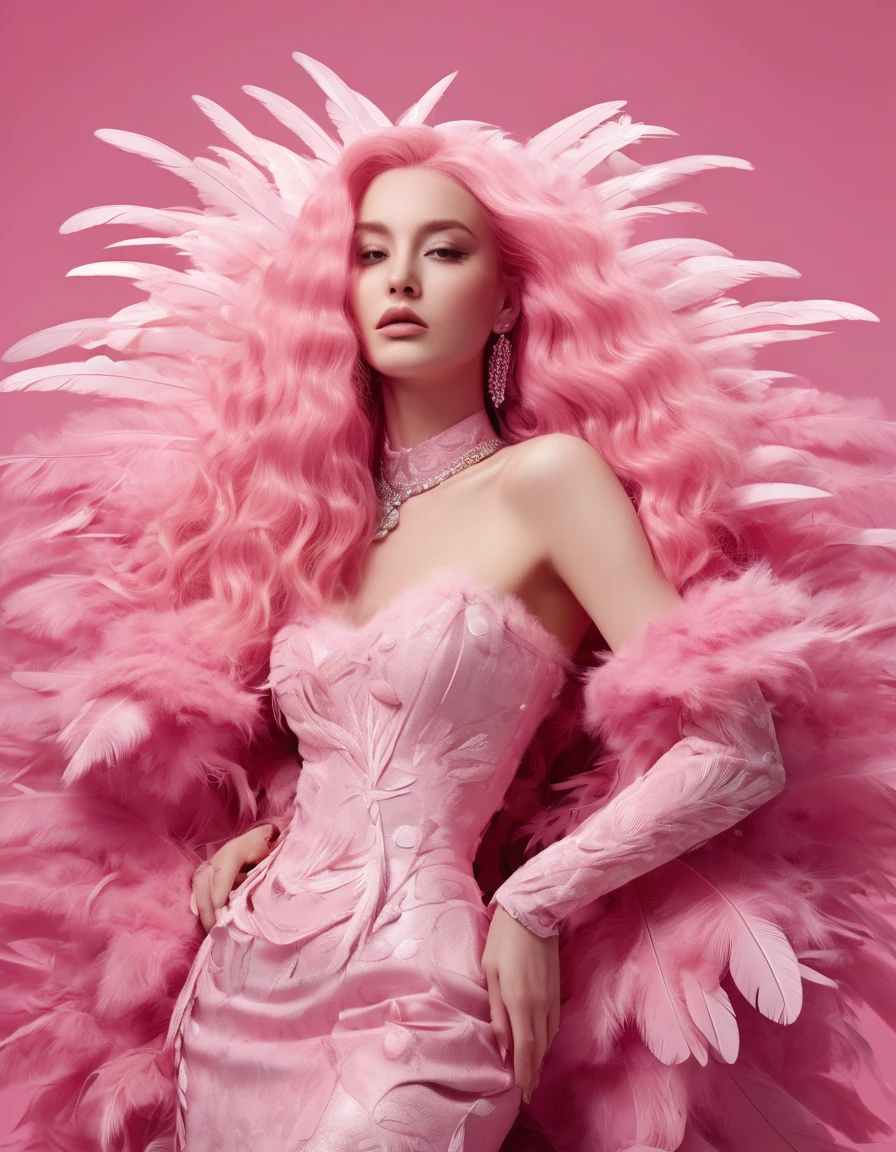 pretty woman with long pink hair and in pink dress on pink background, in the style of made of feathers, futuristic victorian, collage-like layering, focus stacking, layered forms, textured fabrics, oversized objects.music video, youtube, screenshot , behind view , ultrarealistic, detailed" "female, fashion,full photo