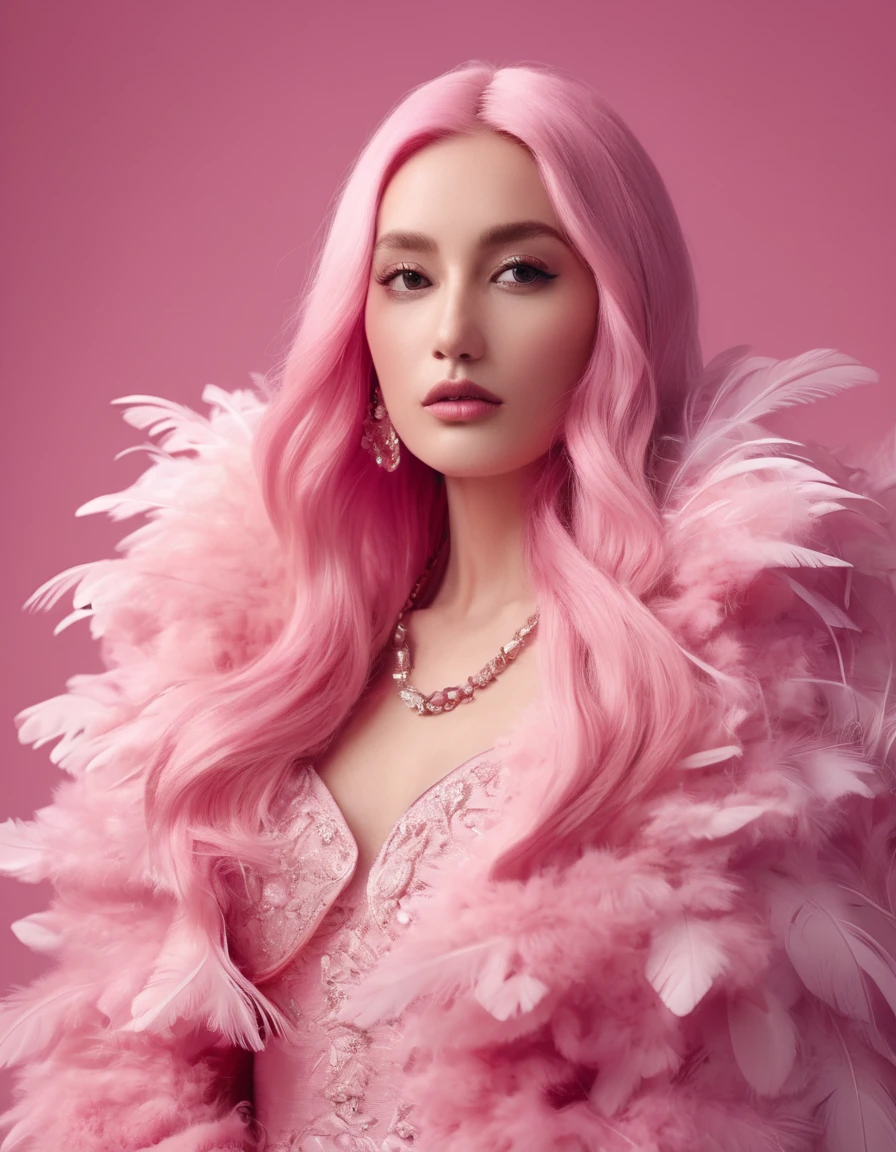 pretty woman with long pink hair and in pink dress on pink background, in the style of made of feathers, futuristic victorian, collage-like layering, focus stacking, layered forms, textured fabrics, oversized objects.music video, youtube, screenshot , behind view , ultrarealistic, detailed" "female, fashion,full photo