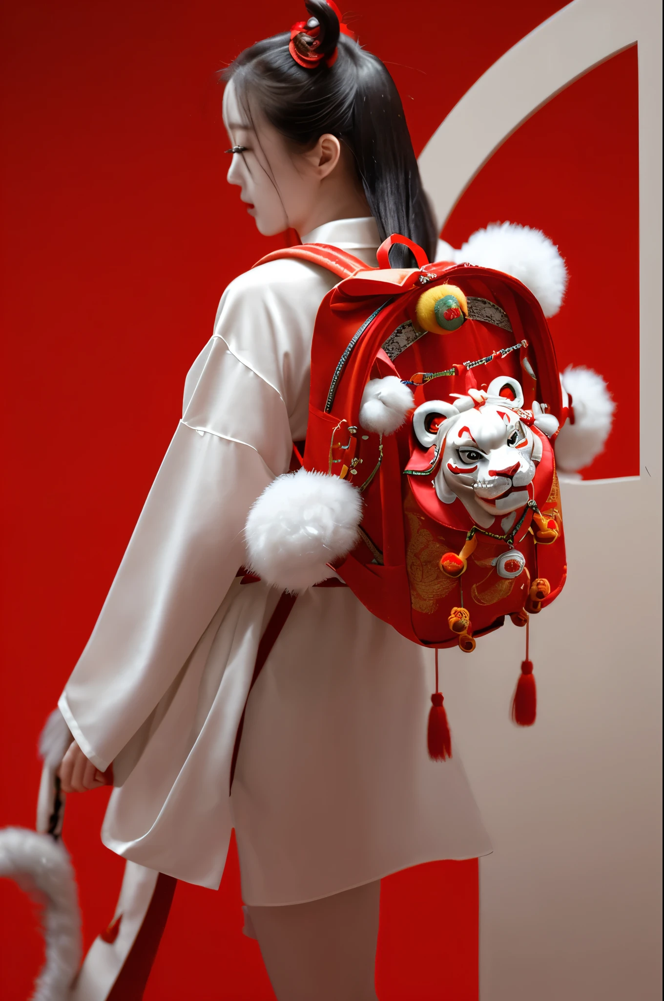 A backpack pendant,The pendant is in the shape of a Chinese lion dance,The overall color is red,background color is white