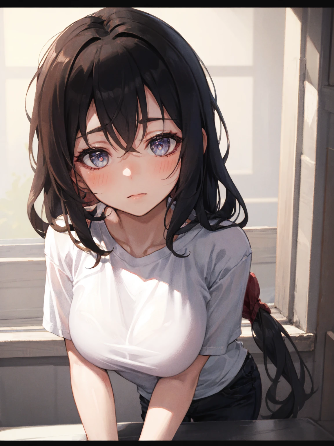 American girl of 18, video gamer, wearing translucent short T-shirt, black hair, ((blush: 0.8)), natural skin texture, 4K textures, highly detailed, insane details, faint colors , ((long wavy hair)), ((smile on face: 0.4)), (no panties: 0.2), ((looking directly at the camera)), ((tilted head: 0.8 )), ((large breasts:1)).