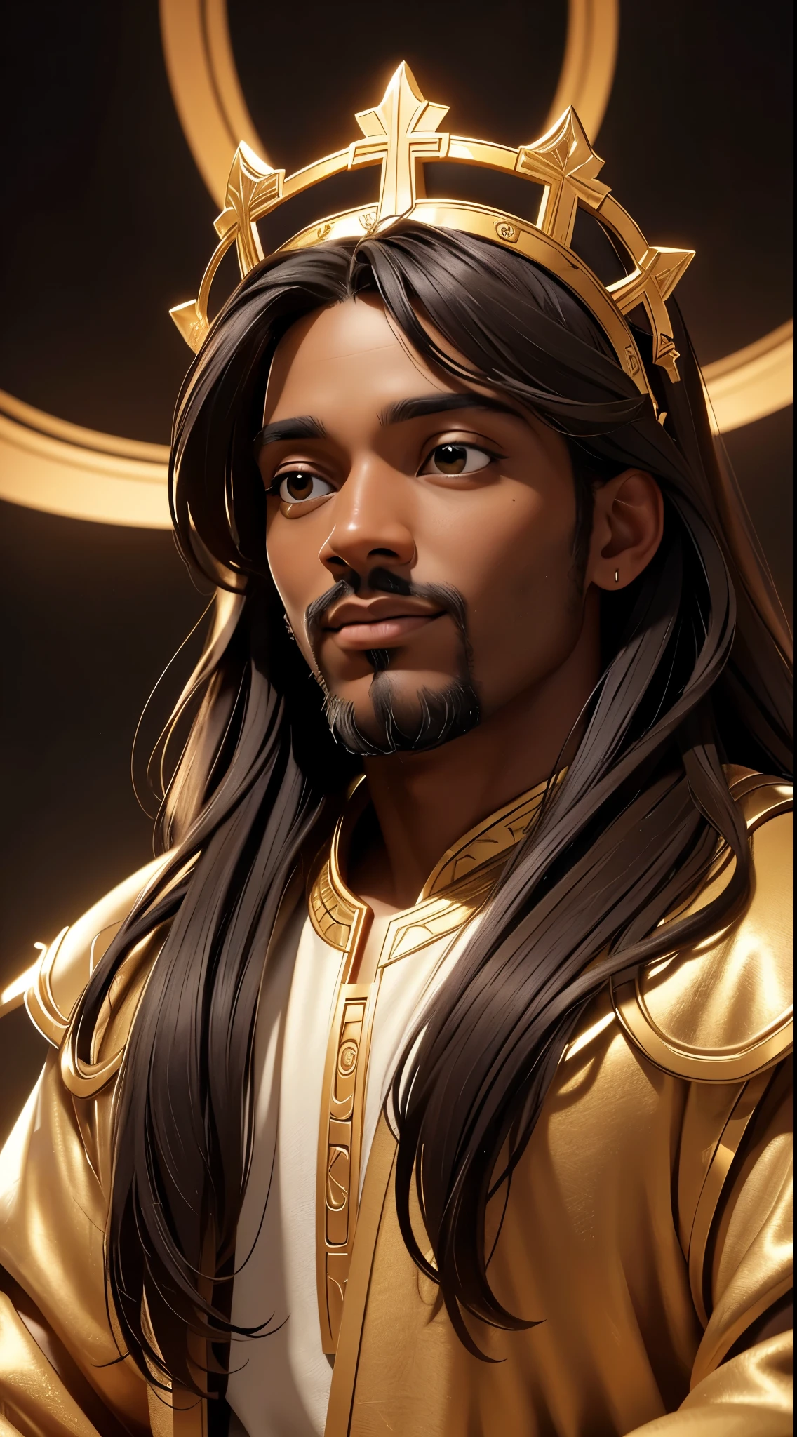 A black man as Jesus, (best quality, 4k, highres, masterpiece:1.2), ultra-detailed, (realistic, photo-realistic:1.37), vibrant colors, dramatic lighting, heavenly aura, spiritual essence, flowing robes, serene expression, majestic presence, divine radiance, sacred atmosphere, disciples in awe, halo, crown of thorns, sorrowful eyes, compassionate smile, outstretched arms, golden backdrop, heavenly light, ethereal glow, divine beauty, uplifting inspiration, iconic portrait, religious symbolism, profound spirituality, biblical imagery.