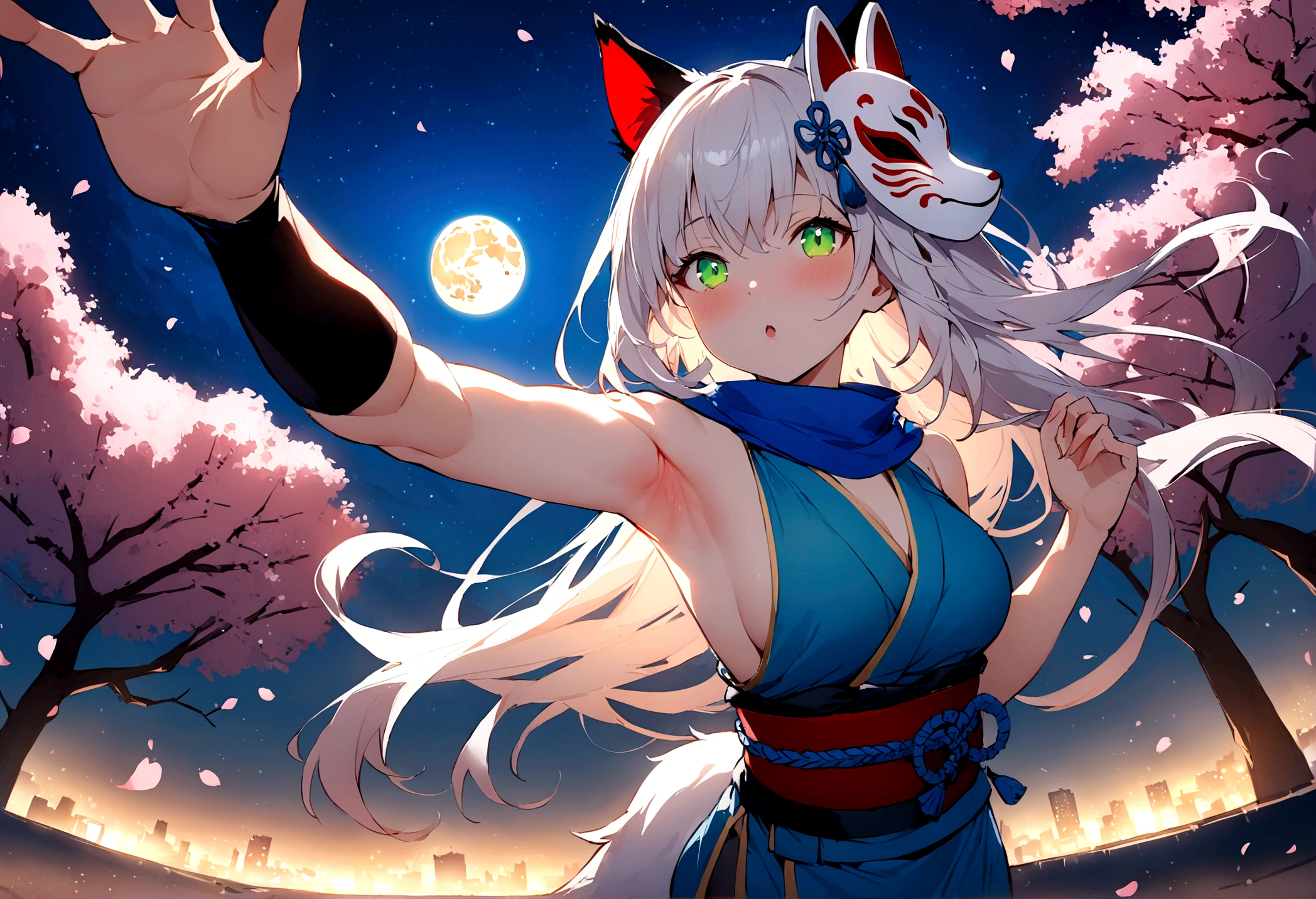 (masterpiece, best quality:1.2), 1girl, 独奏,Wolf girl, fox mask, ninja, girl, long white hair, Blue and green odd eyes, blue kimono, ninja girl, red and blue scarf,Dancing Cherry Blossoms,Full moon backlighting, light coming in, fantastic atmosphere.night、Shadows of light and darkness、Exposed armpits and chest、Flying shurikens、Eyes glowing in the dark、Black fox mask、Fisheye Lens、Expansive starry sky、long hair that spreads、Looking up from afar、Overlooking the city from atop a large cherry tree、Exposed armpits and chest、