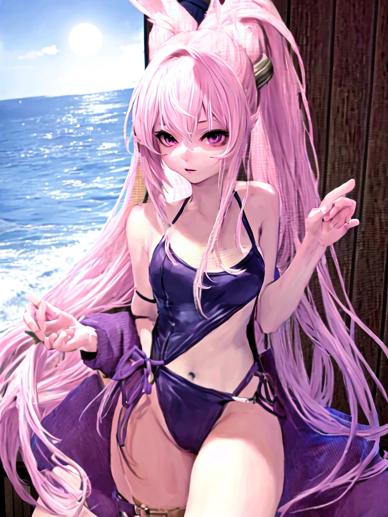 Sexy Rabbit Girl With Pink Ears Purple eyes Wearing a swimsuit with the body of a final fantasy 14 character, beautiful and sexy on a paradisic beach with a little ponytail and a strand of hair in her hair and white highlights, smaller eyes and also with black eye makeup that makes her look very beautiful su pelo es casi corto y tiene rayitos blancos esparcidos que se vea igualita a la imagen bien definida que tenga el mismo pelo de la imagen y un lunar en la cara pequeño como el de la imagen ponle mas detalles impresionantes a la playa.