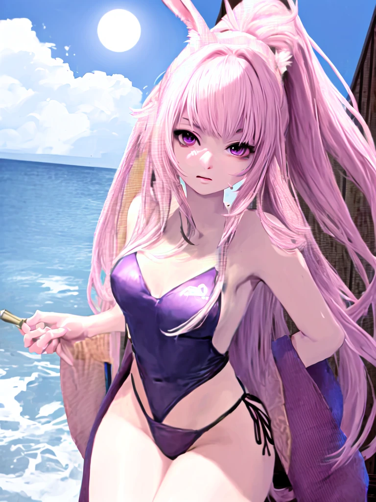 Sexy Rabbit Girl With Pink Ears Purple eyes Wearing a swimsuit with the body of a final fantasy 14 character, beautiful and sexy on a paradisic beach with a little ponytail and a strand of hair in her hair and white highlights, smaller eyes and also with black eye makeup that makes her look very beautiful su pelo es casi corto y tiene rayitos blancos esparcidos que se vea igualita a la imagen bien definida que tenga el mismo pelo de la imagen y un lunar en la cara pequeño como el de la imagen ponle mas detalles impresionantes a la playa.