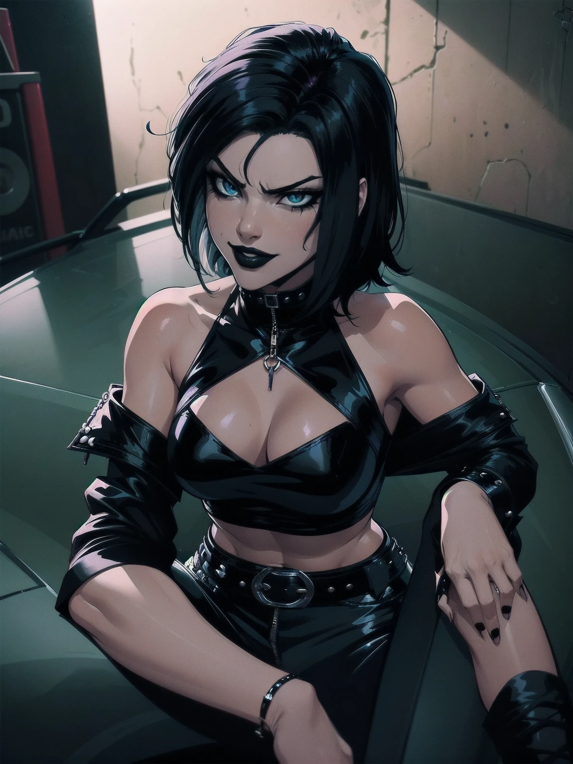 a woman with medium black hair, hair on shoulders, wearing black pant, black jacket, blue eyes, gothic art, cute aesthetic with vibe, toon aesthetic, wearing gothic accessories, look like Cassie Hack, upper body, angry clown smile, sitting on the car, garage background, dinamic poses