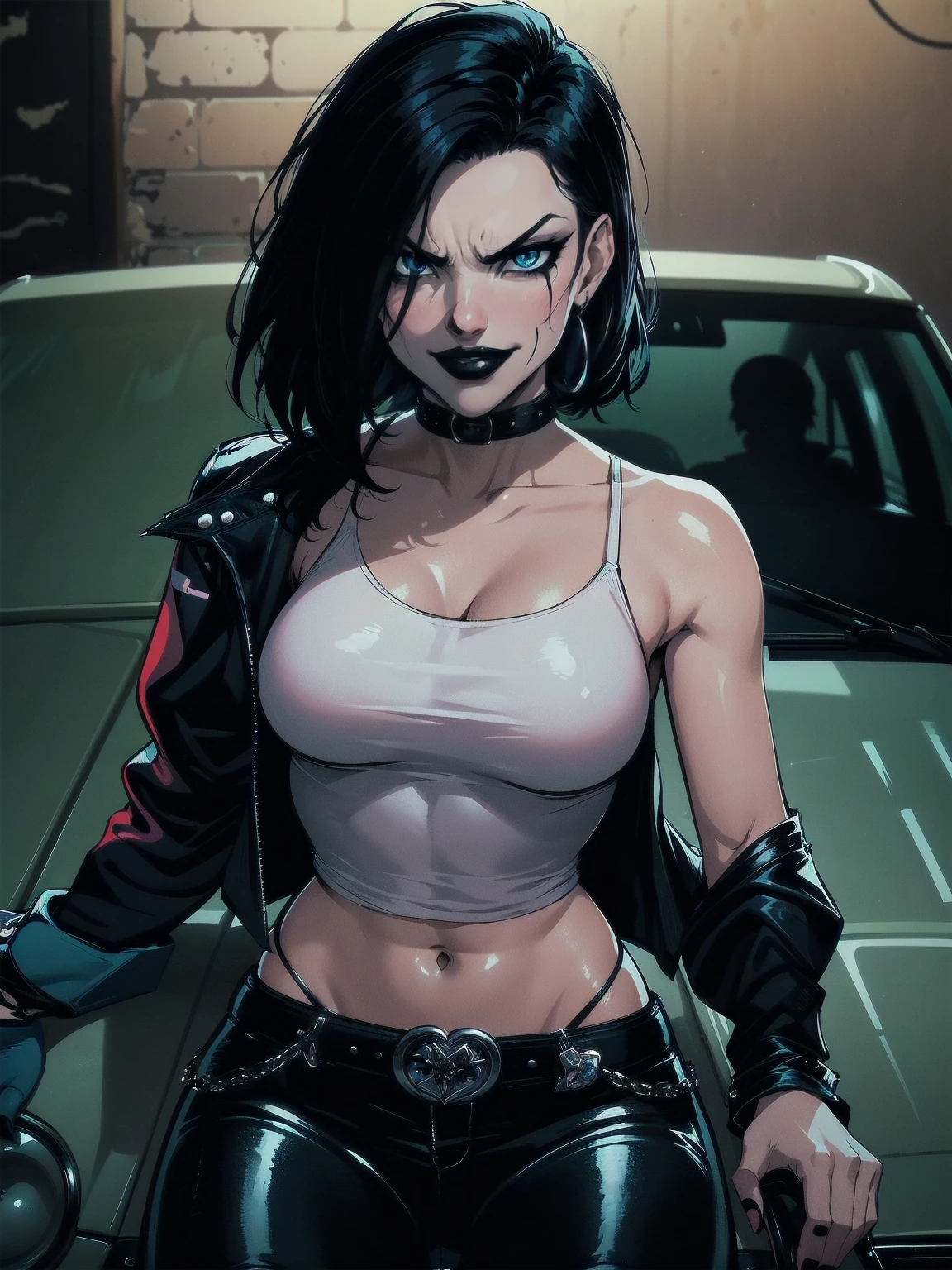 a woman with medium black hair, hair on shoulders, wearing black pant, black jacket, blue eyes, gothic art, cute aesthetic with vibe, toon aesthetic, wearing gothic accessories, look like Cassie Hack, upper body, angry clown smile, sitting on the car, garage background, dinamic poses