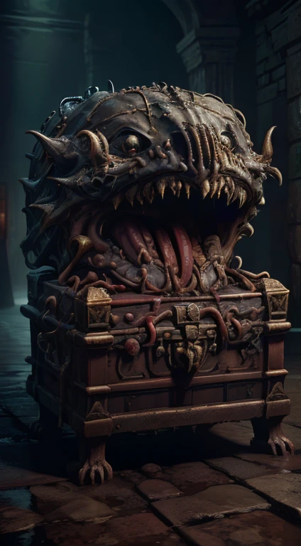 wet, dripping, monstrous mouth, tongue, sharp teeth, (Masterpiece:1.3) (best quality:1.2) (high quality:1.1), a mimic as a treasure chests to capture humans. Mimicry. Mimic