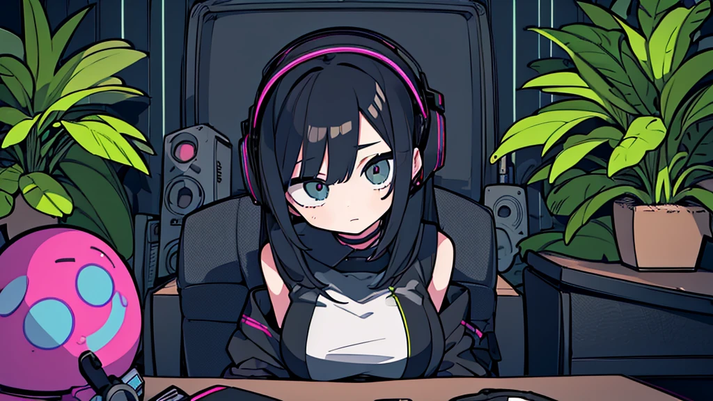 Best quality, (masterpiece:1.2), best detail face, 1 girl, big breasts, 18 yo, 8k,absurdres,unity 8k wall paper,(extremely detailed:1.3), highest realistic, (simple headphones:1.1), (soft neon light:1.1), (floating hair:1.2), (psychedelic:1.2), Her room full of music equipment and plants, Leaning back on the chair with a casual attitude, Light clothing in summer, dark grey color palette, black hair