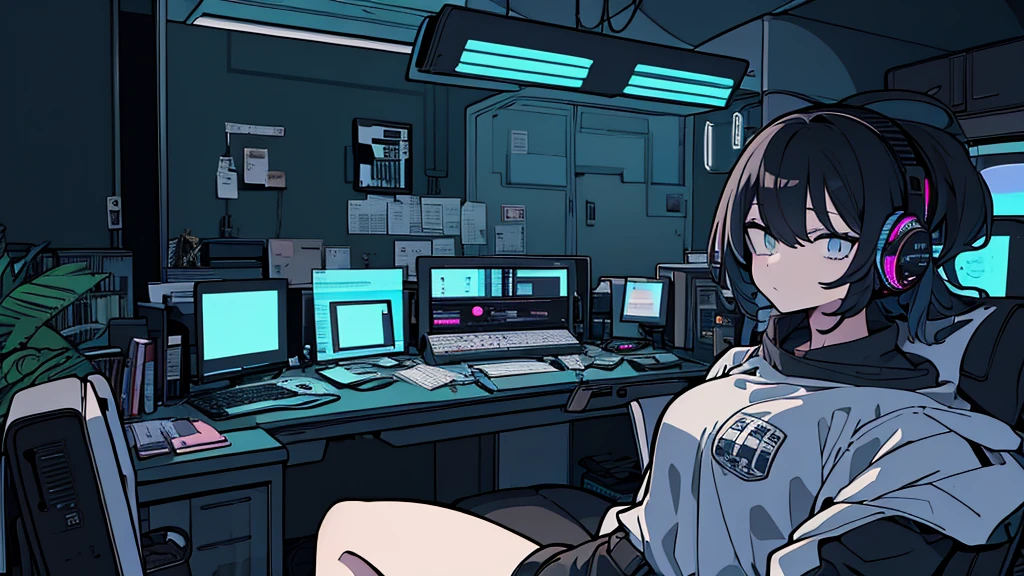 Best quality, (masterpiece:1.2), best detail face, 1 girl, big breasts, 18 yo, 8k,absurdres,unity 8k wall paper,(extremely detailed:1.3), highest realistic, (simple headphones:1.1), (soft neon light:1.1), (floating hair:1.2), (psychedelic:1.2), Her room full of music equipment and plants, Leaning back on the chair with a casual attitude, Light clothing in summer, dark grey color palette, black hair
