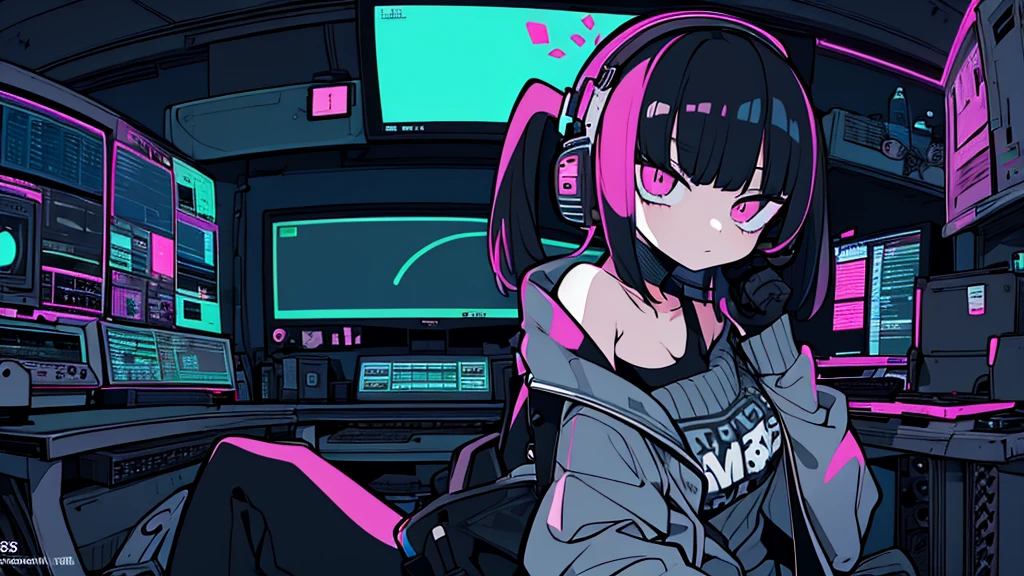 Best quality, (masterpiece:1.2), best detail face, 1 girl, big breasts, 18 yo, 8k,absurdres,unity 8k wall paper,(extremely detailed:1.3), highest realistic, (simple headphones:1.1), (soft neon light:1.1), (floating hair:1.2), (psychedelic:1.2), Her room full of music equipment and plants, Leaning back on the chair with a casual attitude, Light clothing in summer, dark grey color palette, black hair
