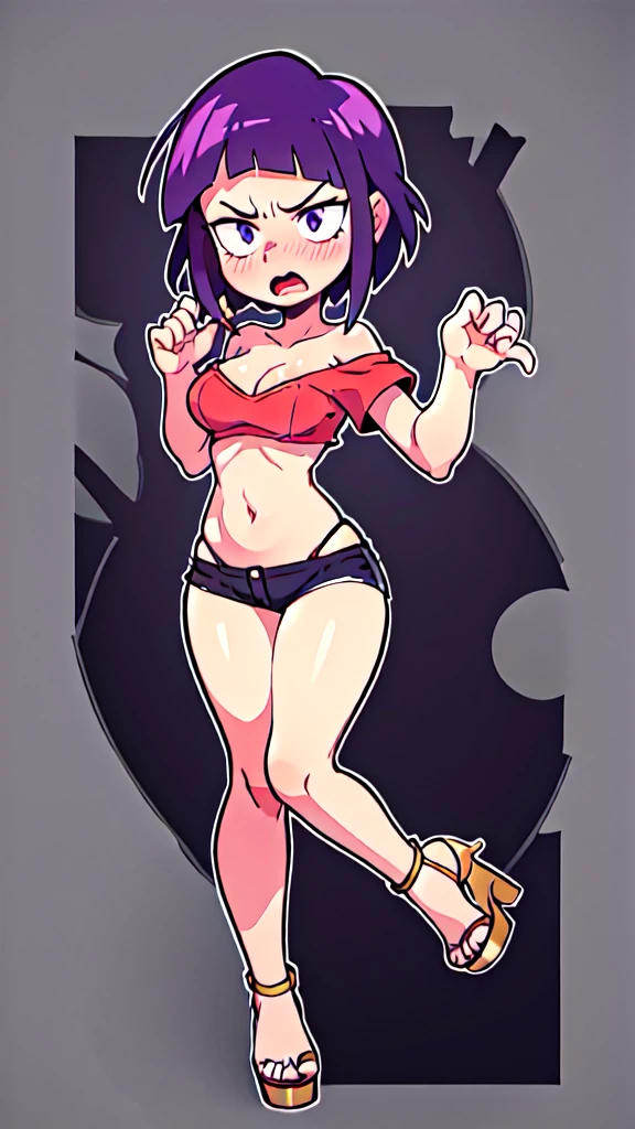 kyoka jiro, 1girl, solo, , , blush, short hair, bangs, simple forest background, strapless mini croptop, black tight pants, ((open-toe platform high heels)), open mouth, purple eyes, collarbone, full body, purple hair, short sleeves, blunt bangs, looking away, long earlobes, tiny waist, thick , angry expression