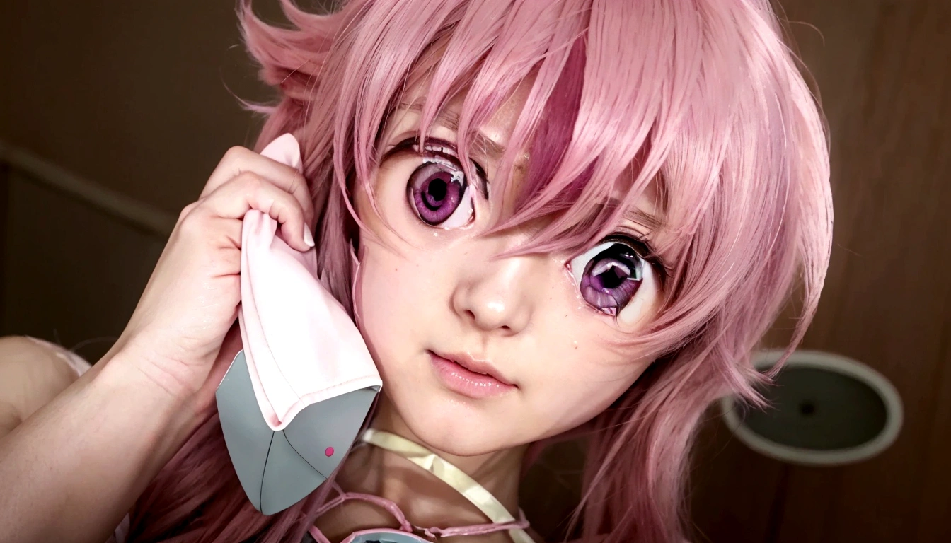 Anime girl with pink hair talking on cell phone., closeup of a young anime girl, Mirai Nikki, pink eyes normales hiperrealistas, Gasai Yuno, hyperrealistic anime, macros frontier, waifu, Cara de ahegao, yaoi kasuma, anime movie screenshot, macros,  Hyperrealistic eyes, animated cgi, pink eyes