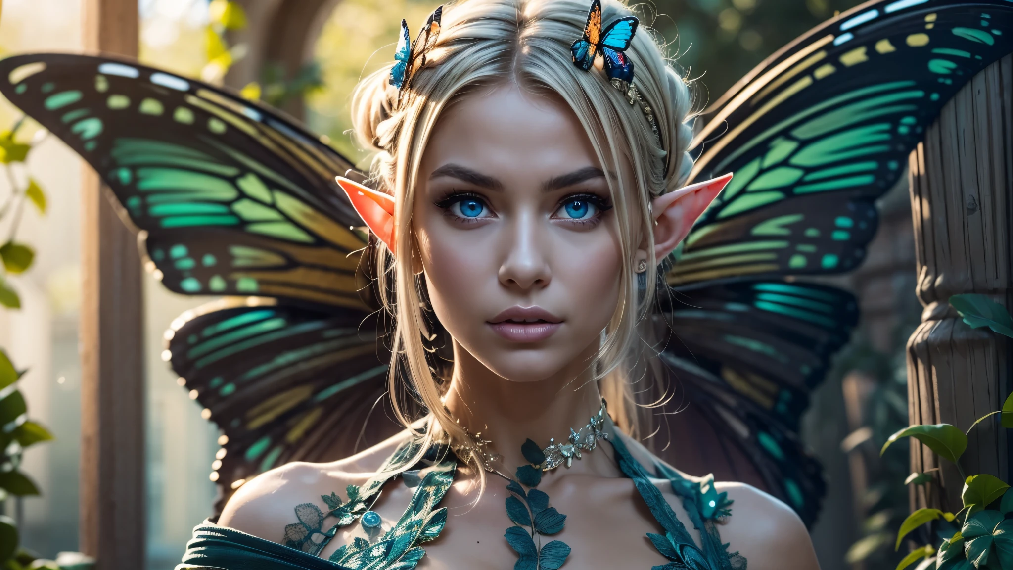 Beautiful, Amazing face and eyes, makeup, (extremely detailed beautiful face), Blonde, (sexiest look), (Beautiful breasts:1.3), (Best Quality:1.4), (Ultra-detailed), (extremely detailed CG unified 8k wallpaper), Highly detailed, RAW Photos, Professional Photography, (silk see through lace:1.3), full body, sitting, (Spread your legs), (:1.4), plein air, Illumination, (Super fancy photos:1.4), (Dazzling light), Radiant Photography, depth of fields, (Glowing blue eyes), (realistic elf ear), (castle, fantasy setting), ((orbs)), massive butterfly wings, flowing butterfly wings, 