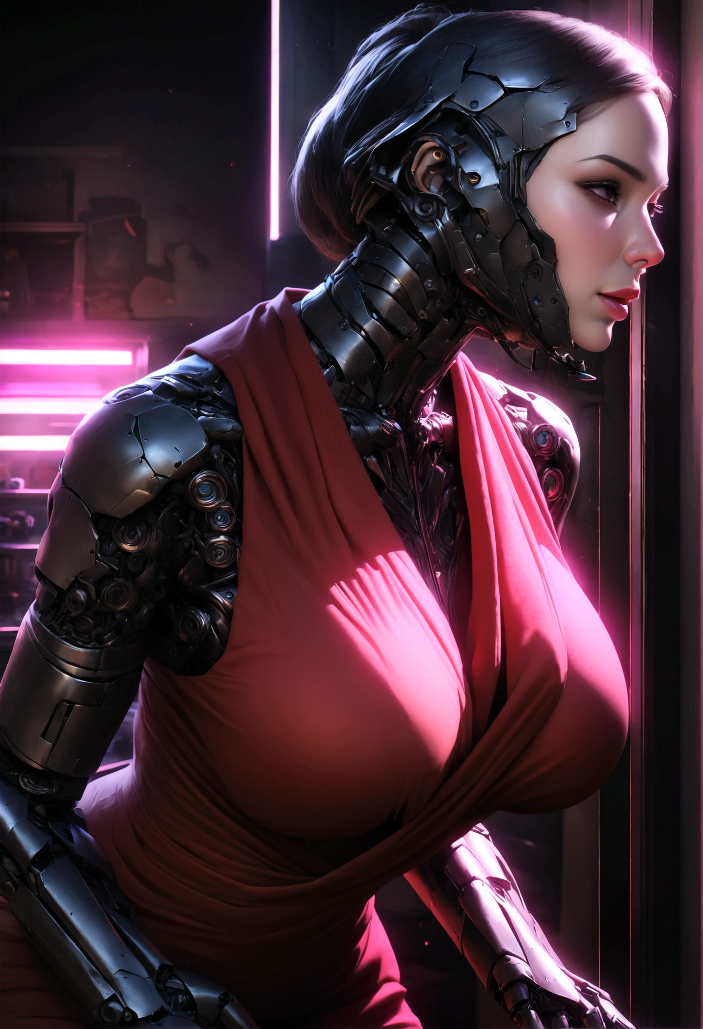 a highly detailed photo-realistic render of an alien robot attempting to mimic a sexy human woman, with an odd cute face, big breasts, wide hips, extra mechanical arms with tools, wearing a red slip, neon lit joints, in a human bedroom setting, cinematic lighting, 8k, intricate details, hyperrealistic, masterpiece, dramatic lighting, volumetric fog, high quality, ultra-detailed, realistic, photorealistic
