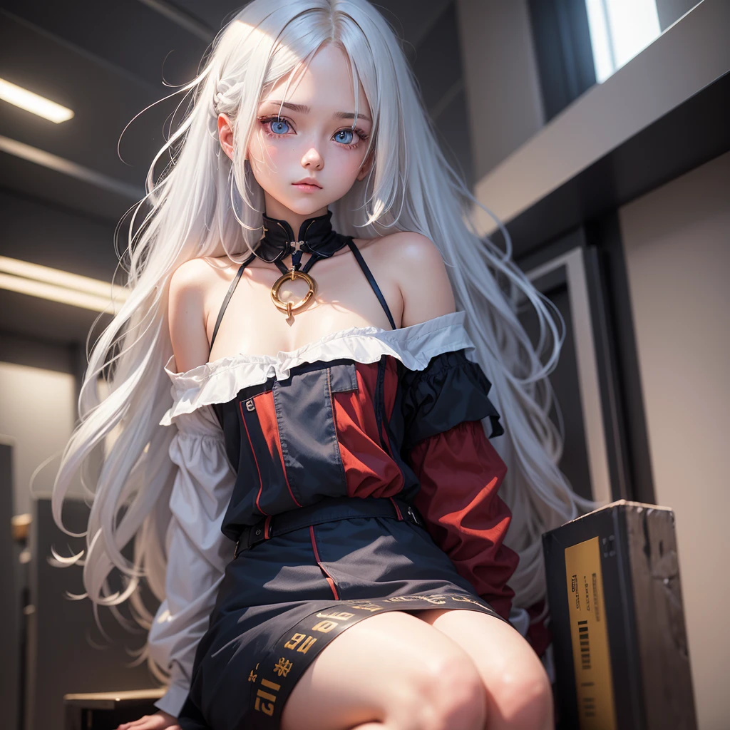 The white-haired was half-kneeling on the toilet,Tie a chain around her neck