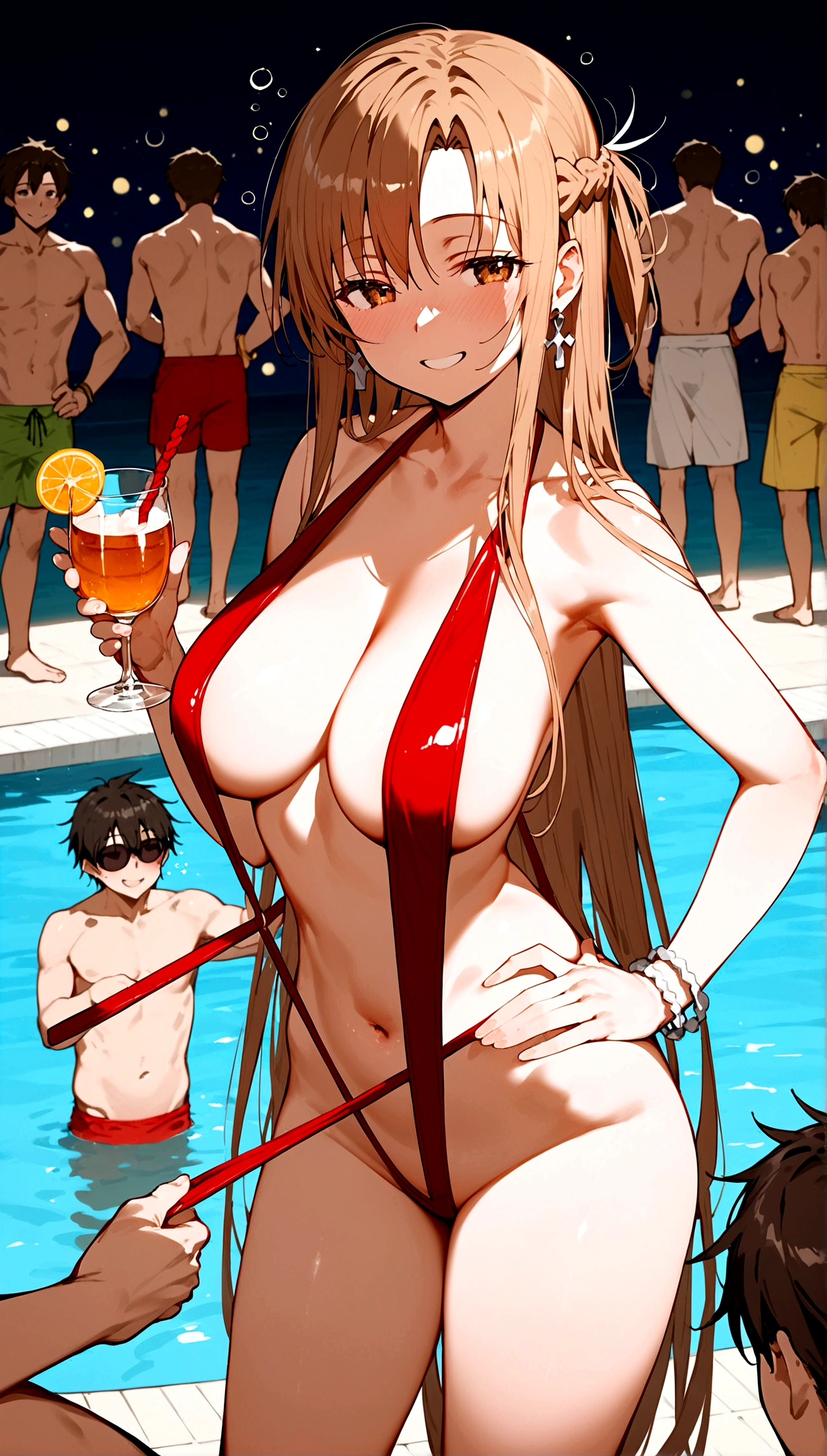 score_9,score_8_up,score_7_up,18 year old,1girl,asuna \(sao-alo\), sword art online,yuuki asuna,nsfw,brown eyes, brown hair, long hair, bangs, braid,standing,legs up,hand on hip, holding cup,drunk-seductive-smile,blush,large breasts,brown hair,parted hair,long hair,red Slingshot swimsuit,plunging neckline,center opening,cleavage,navel,earrings,bracelet,pool-party ,multiple-people,surrounding by 5 boys(strong men),