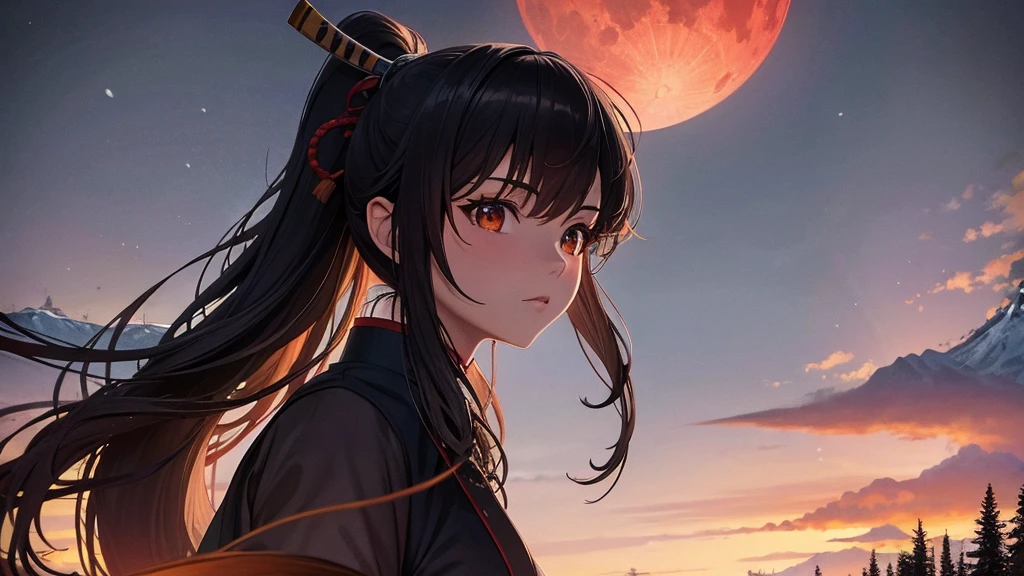 {high quality}, octane render, Ultra HD, depth of snowy field, epic, cinematic, ancient Japan , absurdres, ultra detailed, (1woman:1.3), (Dark Japanese snowy forest landscape:1.3), portrait mode, front view, sharp focus, messy medium black hair with a small ponytail in the back, brown eyes, scars on her face, and possesses the features of a black woman. She has wolf tail and ears, dark skin, fantasy, holding a long black red white katana, small breast, shogun, wolf ears, red moon in sky. Anime style, masculine body, flowing dark blue kimono adorned with red, white, fur, and black detailing. (Red sky) (red moon) (rivers red) (large snowy mountains in background)