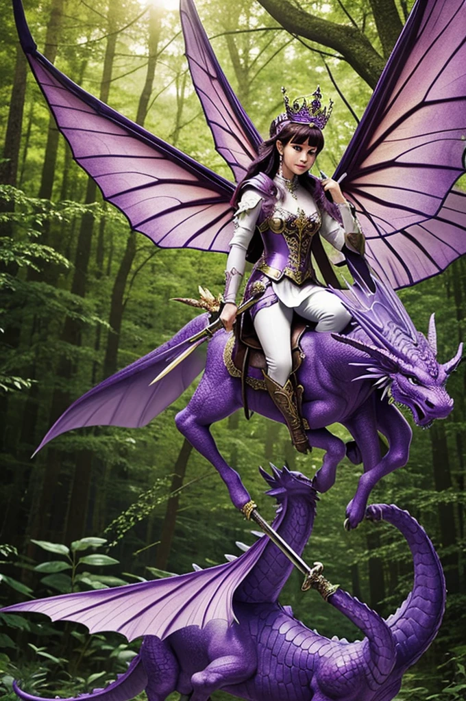 Monarch fairy with a sword riding a purple dragon in a forest