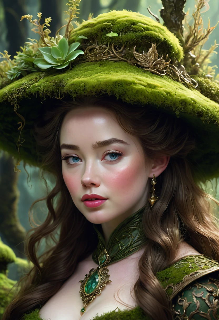 A moss Witch. Anna Popplewell. Official Art, Award Winning Digital Painting, Digital Illustration, Extreme Detail, 4k, Ultra Hd, Rococo, Polished, Intricate, Realistic Fantasy Art, Sharp Focus, Concept Art, Art By Wlop, Artgerm, (2d Vector Illustration)