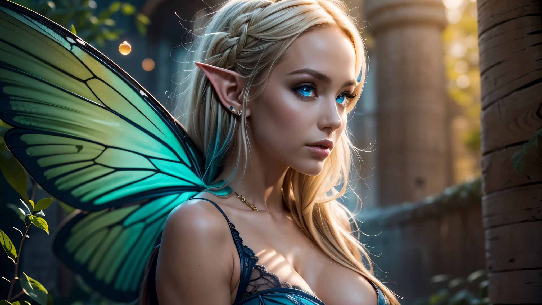 (Beautiful woman, Amazing face and eyes, makeup, detailed facial features, Glowing blue eyes) long blonde hair,, (sexiest look), (large breasts:1.3), (realistic elf ear), (four fingers on each hand, detailed finger, proportional hands), (silk see through lace:1.3), (massive butterfly wings in the center of her back), (detailed proportional body, thin body, toned muscles, sitting, detailed proportional legs), (oak forest, calm lake, stary sky, moon light, fantasy setting, orbs), (Best Quality:1.4), (Ultra-detailed), (extremely detailed CG unified 8k wallpaper), Highly detailed, RAW Photos, Professional Photography, (:1.4), plein air, Illumination, (Super fancy photos:1.4), (Dazzling light), Radiant Photography, depth of fields, frank Frazzetta painting style,