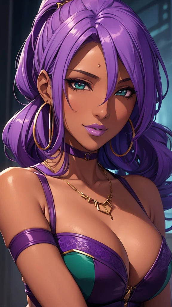 (masterpiece, High resolution, Highest quality:1.3), Professional artwork, 8K, Very detailed, complicated, Vivid image, Sharp focus, Trending on pixiv
Aishwaryalei, alone, Mature Woman, 40 years old, Mature Woman, Curvy, (Dark Skinned female:1.2), (Dark Skin:1.1), Verbal invitation, View your viewers,
Purple Hair, Long Hair, ponytail, (Hair on one eye:0.8), Circlet, Purple lips, compensate, Green Eyes, Hoop Earrings, Lock, Perfect Eyes, Perfect Face, Ultra detailed hair, Detailed face,