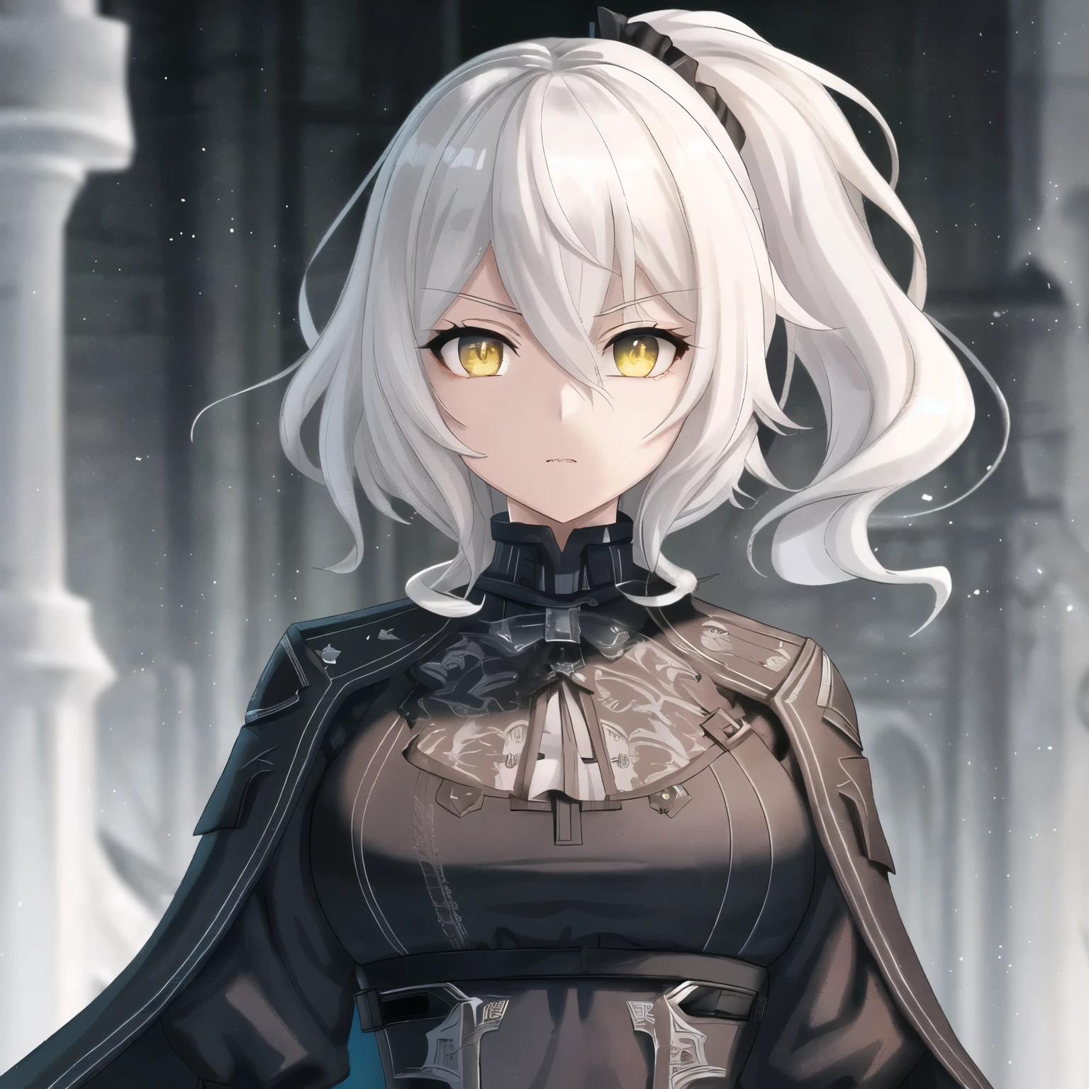 (high-quality, breathtaking),(expressive eyes, perfect face) 1girl, female , solo, portrait, Symmetrical Eyes, white hair color, yellow eye color, short hair length, curly wavy hair, Code Vein, Code Vein game character, Code Vein Clothing, Code Vein revenant, God Eater inspired clothing, shirt, cloak, grey background, modern fantasy clothing, side ponytail